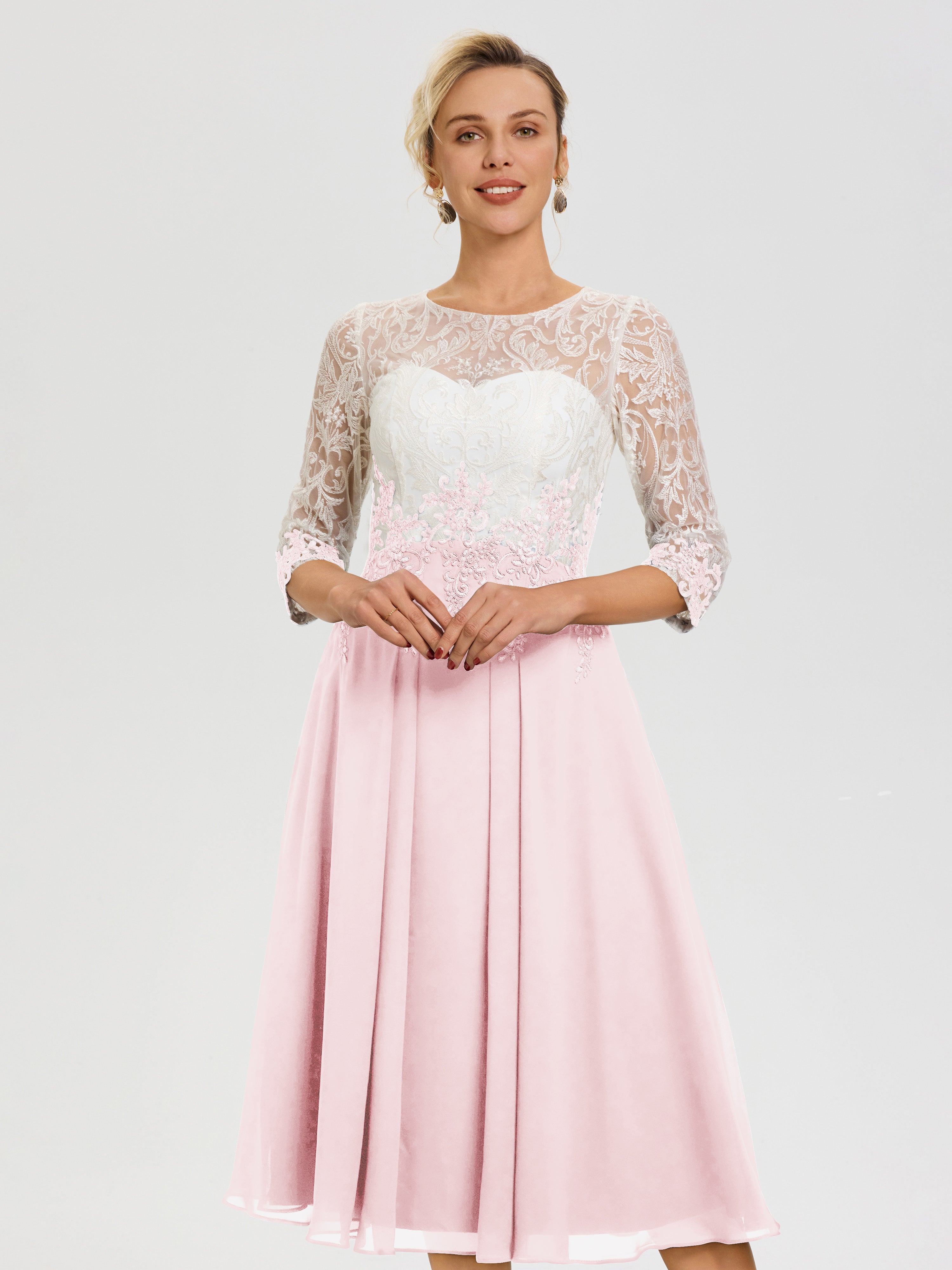 Robe De Cérémonie Mère De La Mariée Rose Pale Col Rond Mousseline & Dentelle 3/4 Manches Robe Mère Mariée