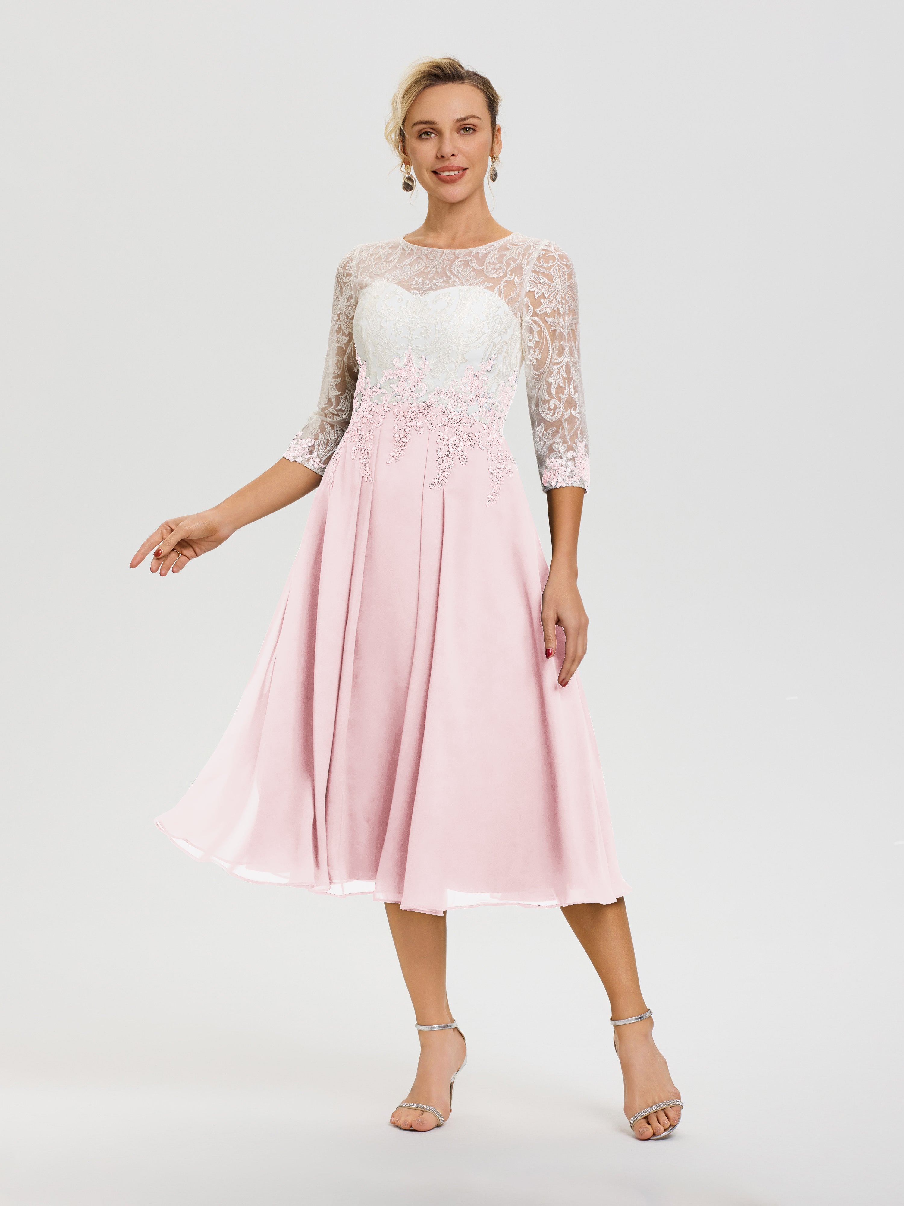 Robe De Cérémonie Mère De La Mariée Rose Pale Col Rond Mousseline & Dentelle 3/4 Manches Robe Mère Mariée