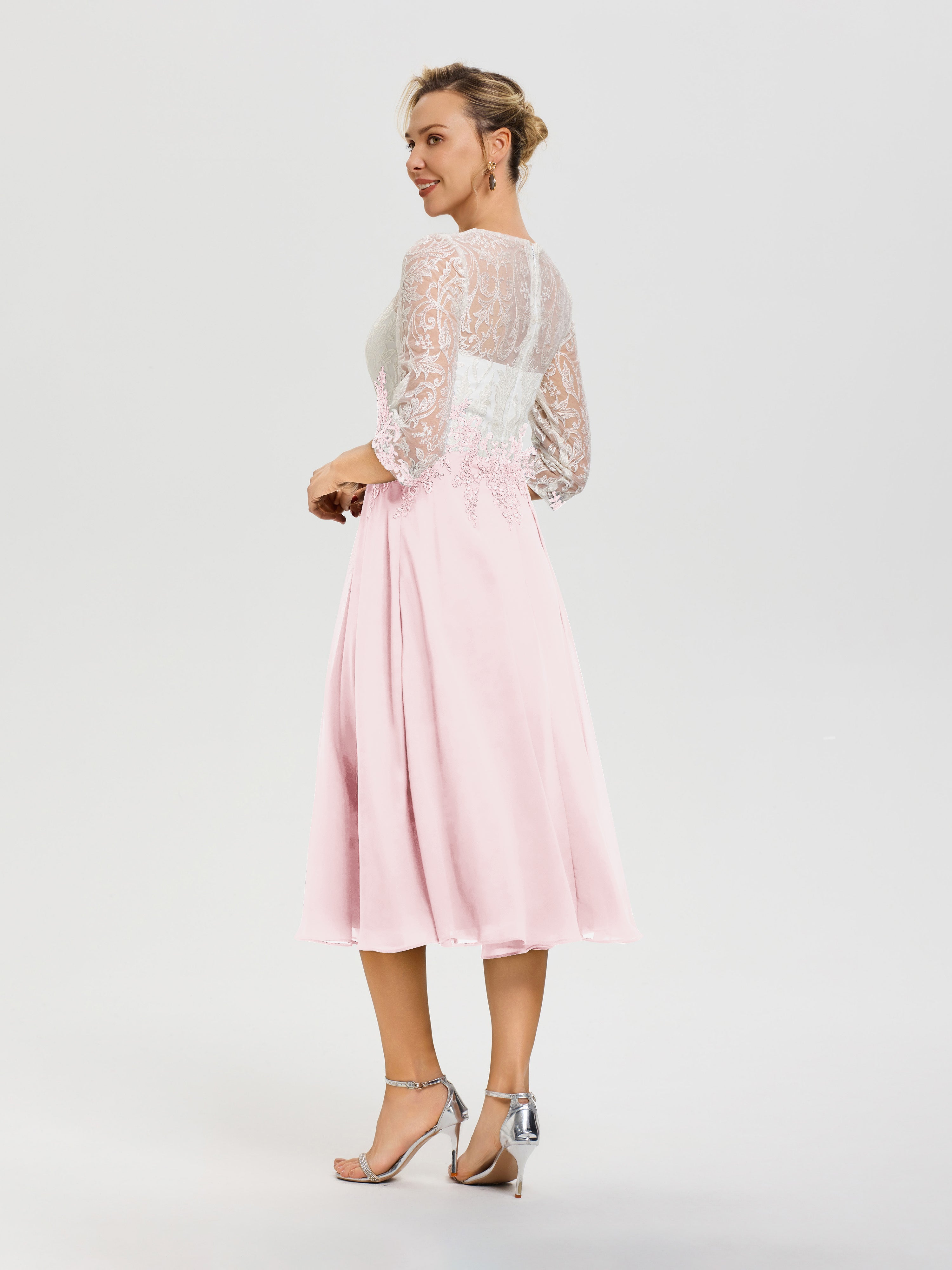 Robe De Cérémonie Mère De La Mariée Rose Pale Col Rond Mousseline & Dentelle 3/4 Manches Robe Mère Mariée