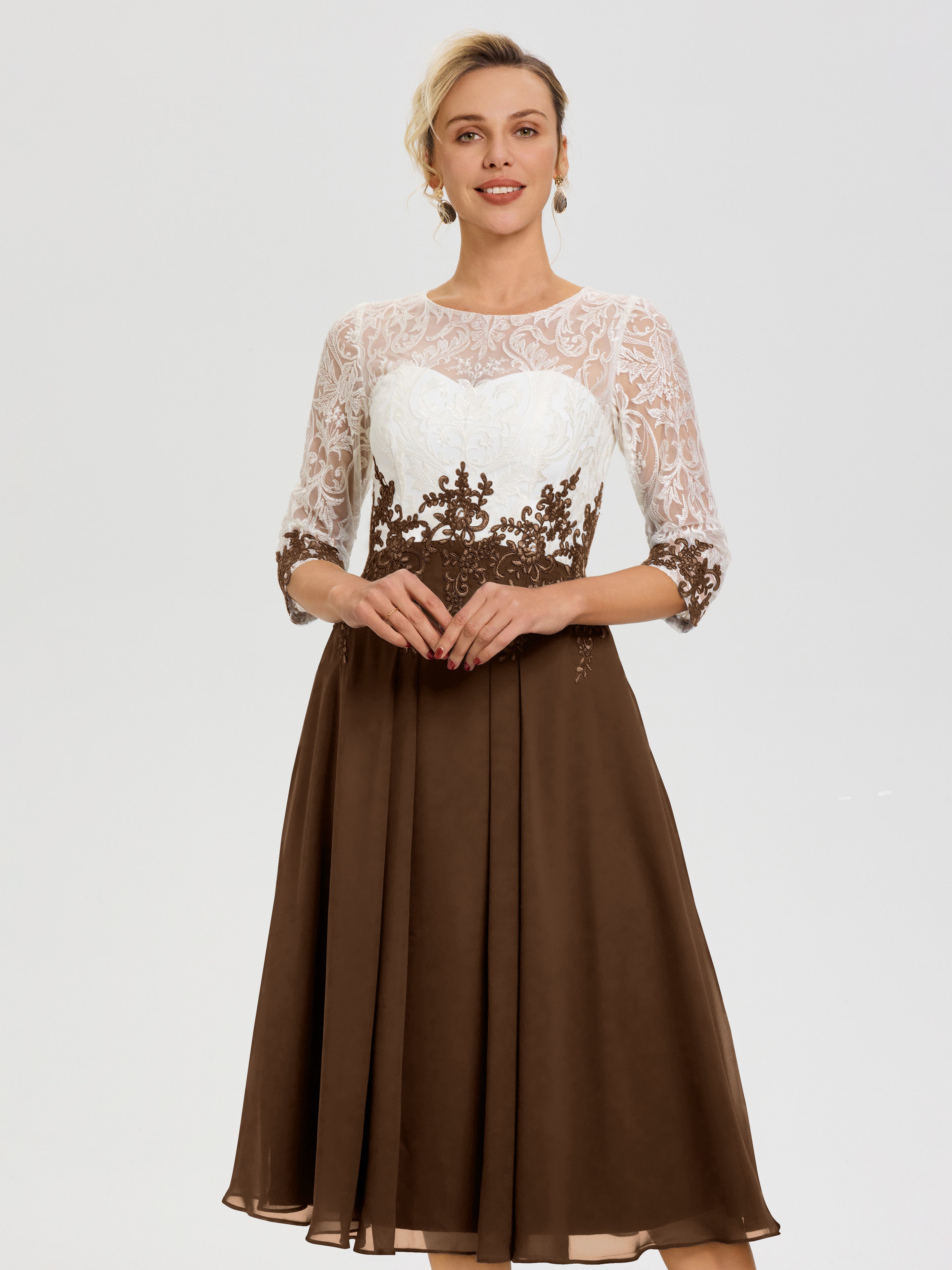 Robe De Mère De Mariée Moderne Brun Col-Rond-Mousseline-Dentelle-3-4-Manches-Robe-Mere-Mariee