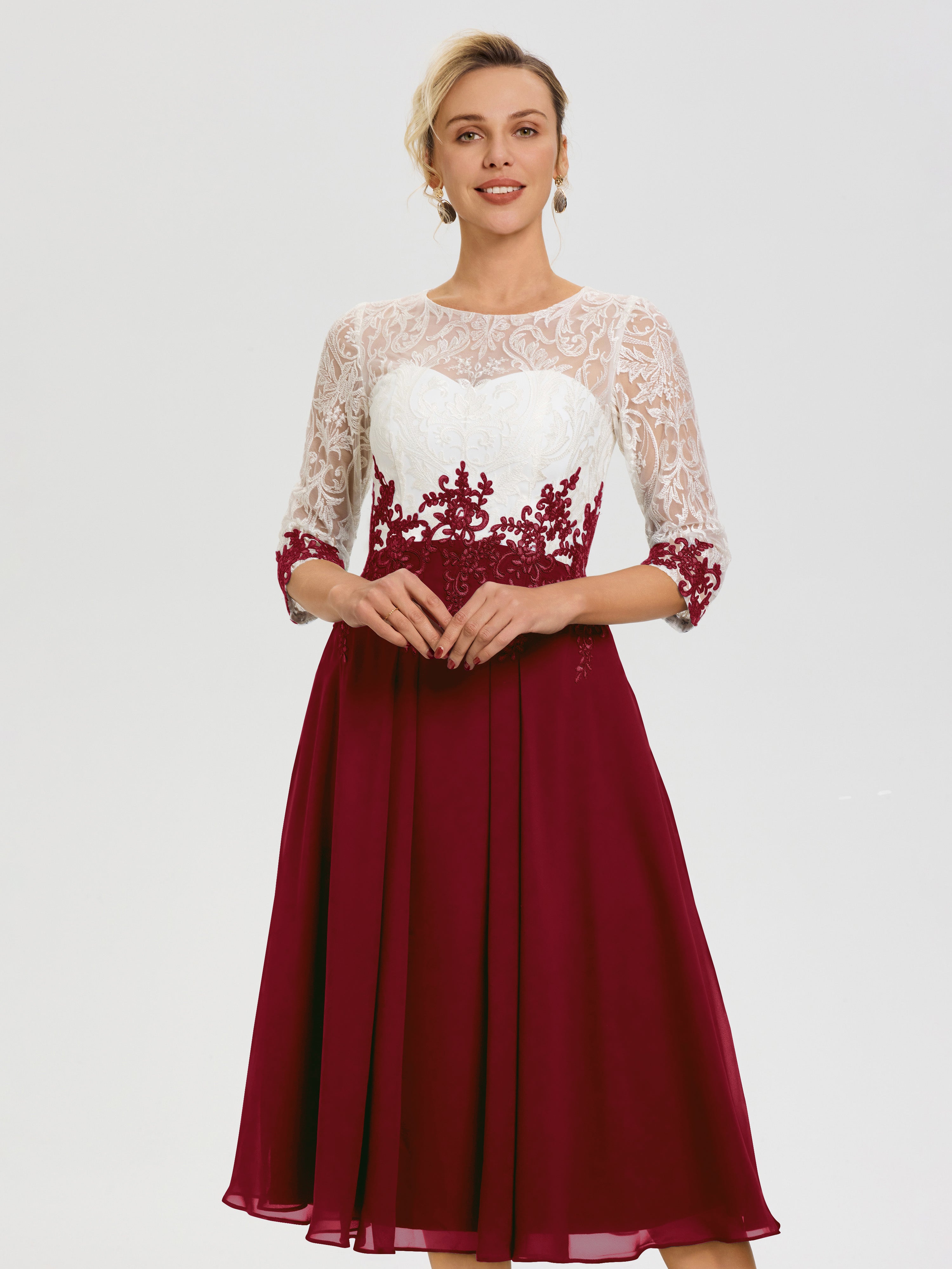 Robe Mère De La Mariée Bordeaux Col Rond Mousseline & Dentelle 3/4 Manches Robe Mère Mariée