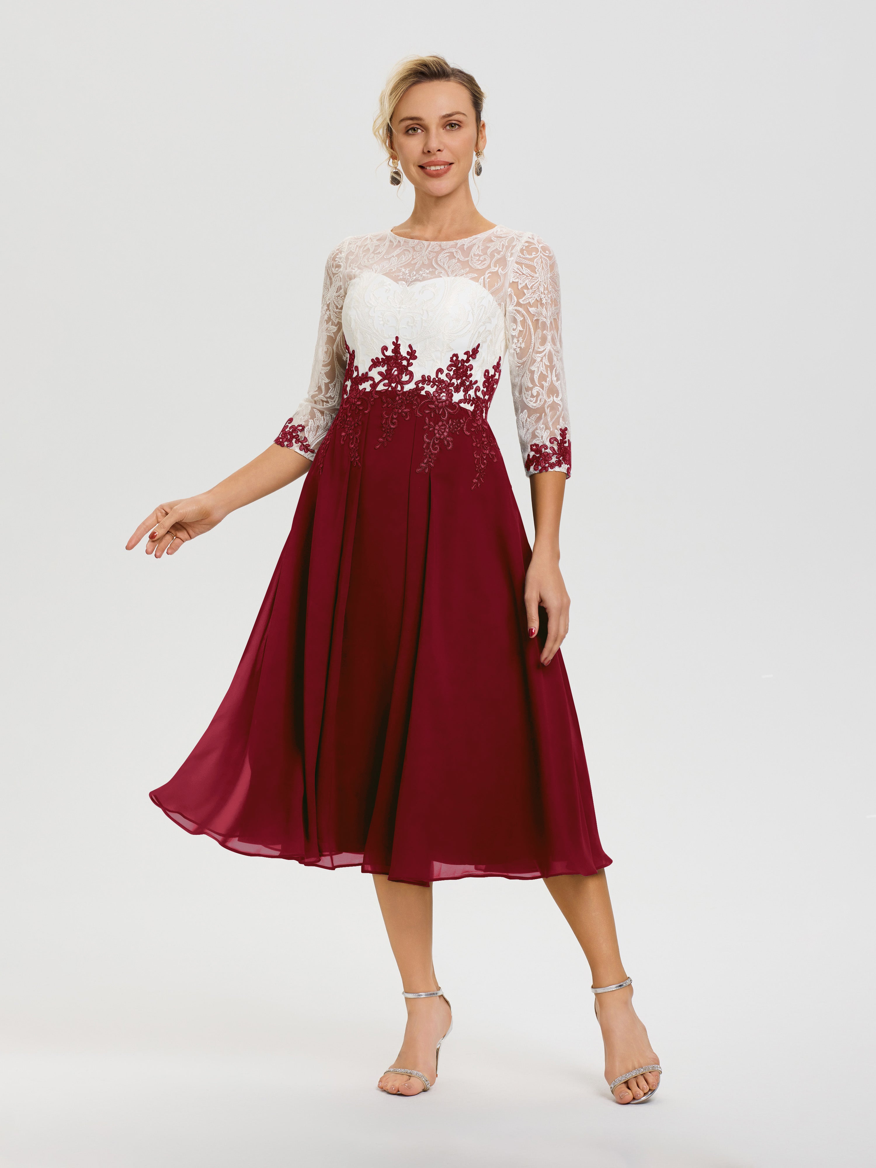 Robe Mère De La Mariée Bordeaux Col Rond Mousseline & Dentelle 3/4 Manches Robe Mère Mariée