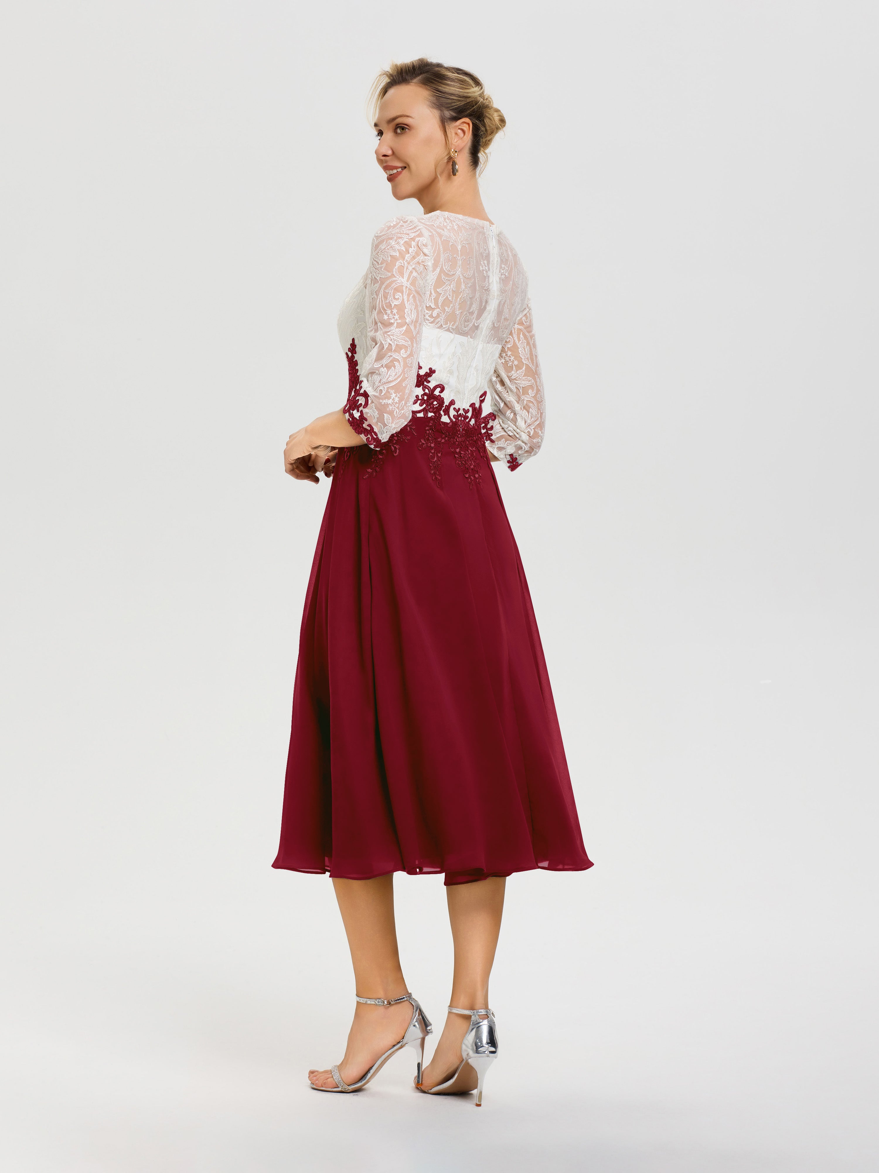 Robe Mère De La Mariée Bordeaux Col Rond Mousseline & Dentelle 3/4 Manches Robe Mère Mariée