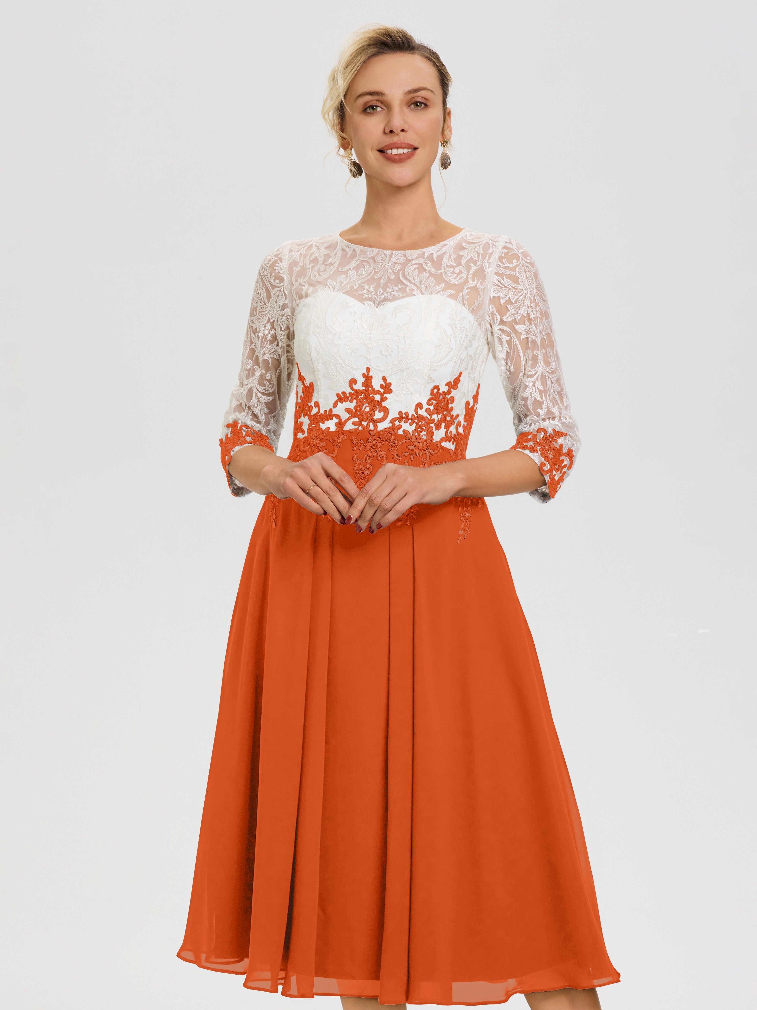 Robe De Mère De Mariée Moderne Orange Brule Col Rond Mousseline & Dentelle 3/4 Manches Robe Mère Mariée