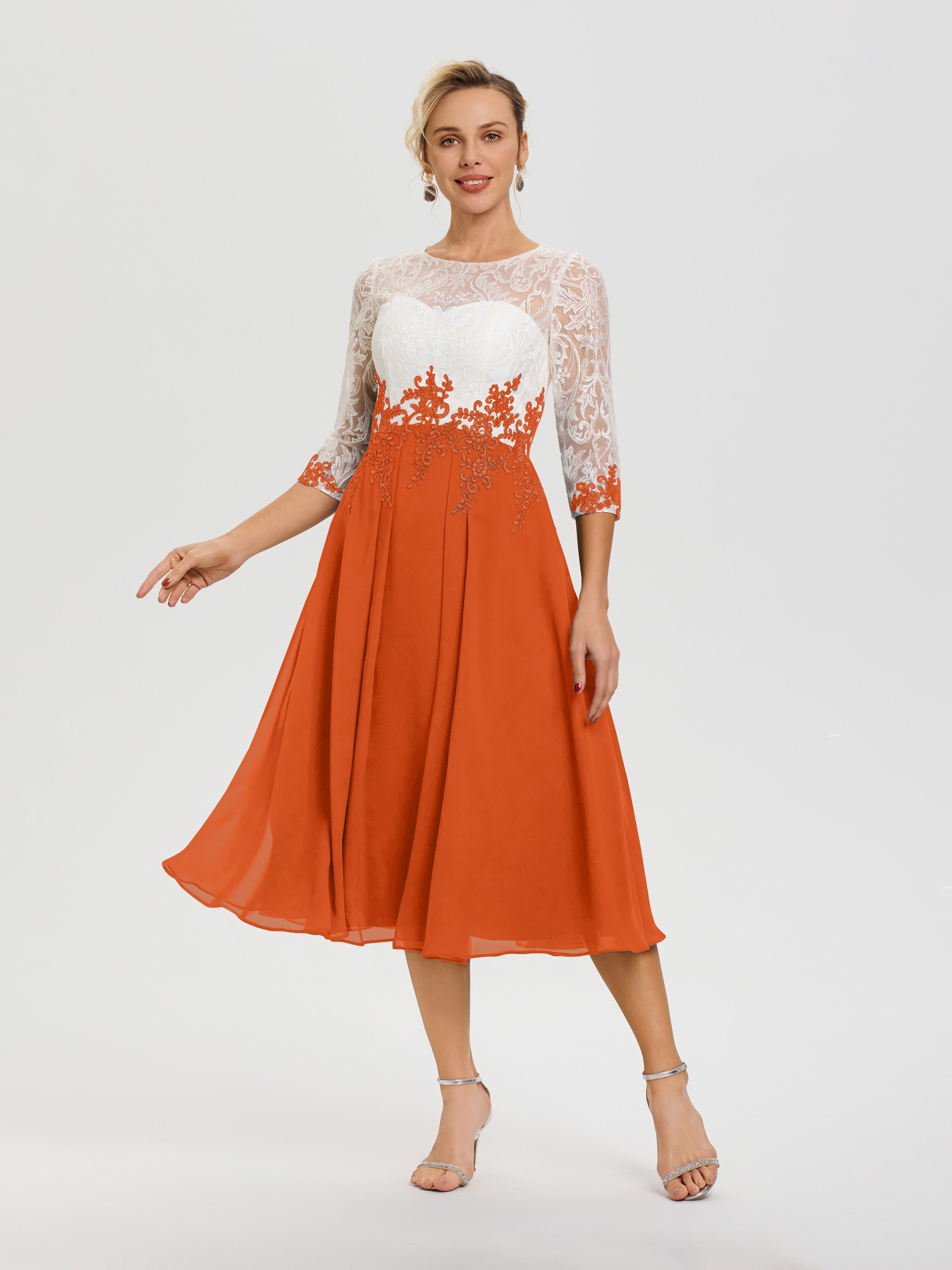 Robe De Mère De Mariée Moderne Orange Brule Col Rond Mousseline & Dentelle 3/4 Manches Robe Mère Mariée