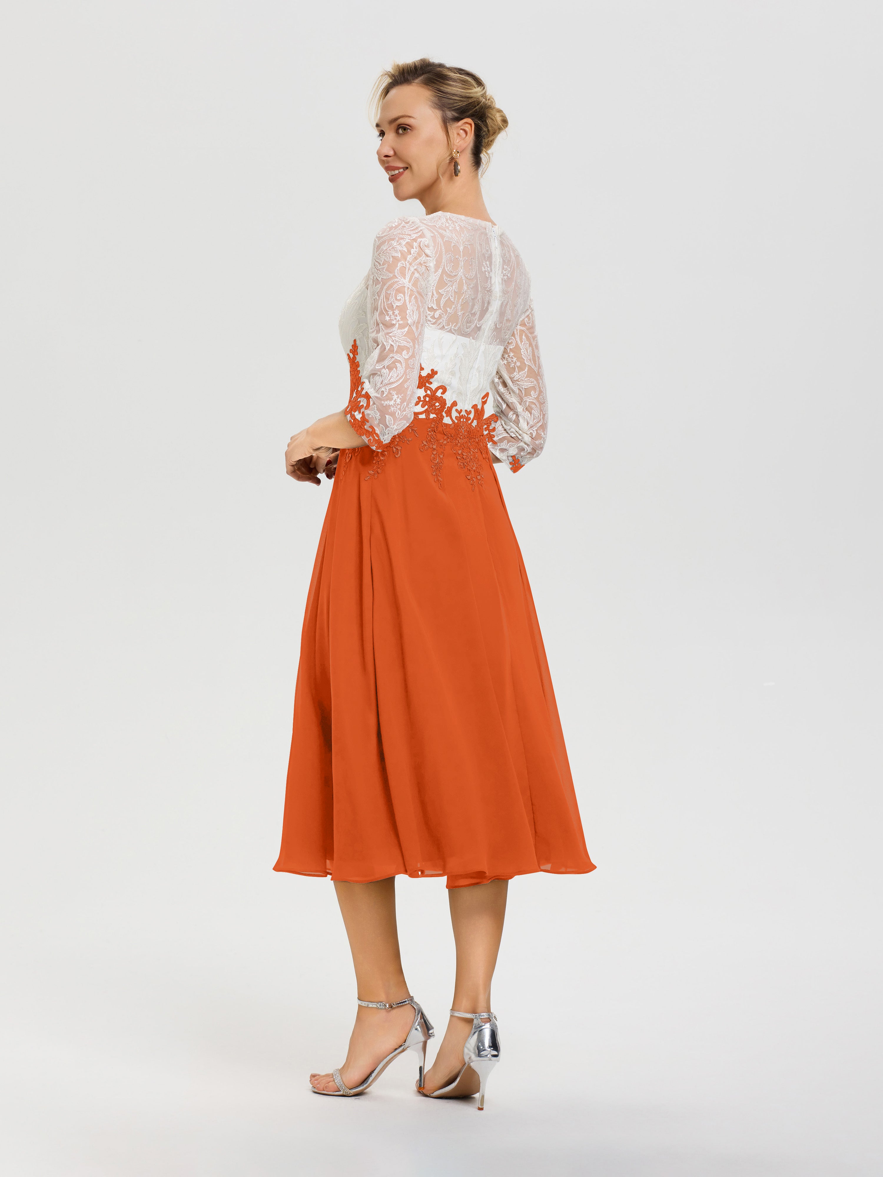 Robe De Mère De Mariée Moderne Orange Brule Col Rond Mousseline & Dentelle 3/4 Manches Robe Mère Mariée