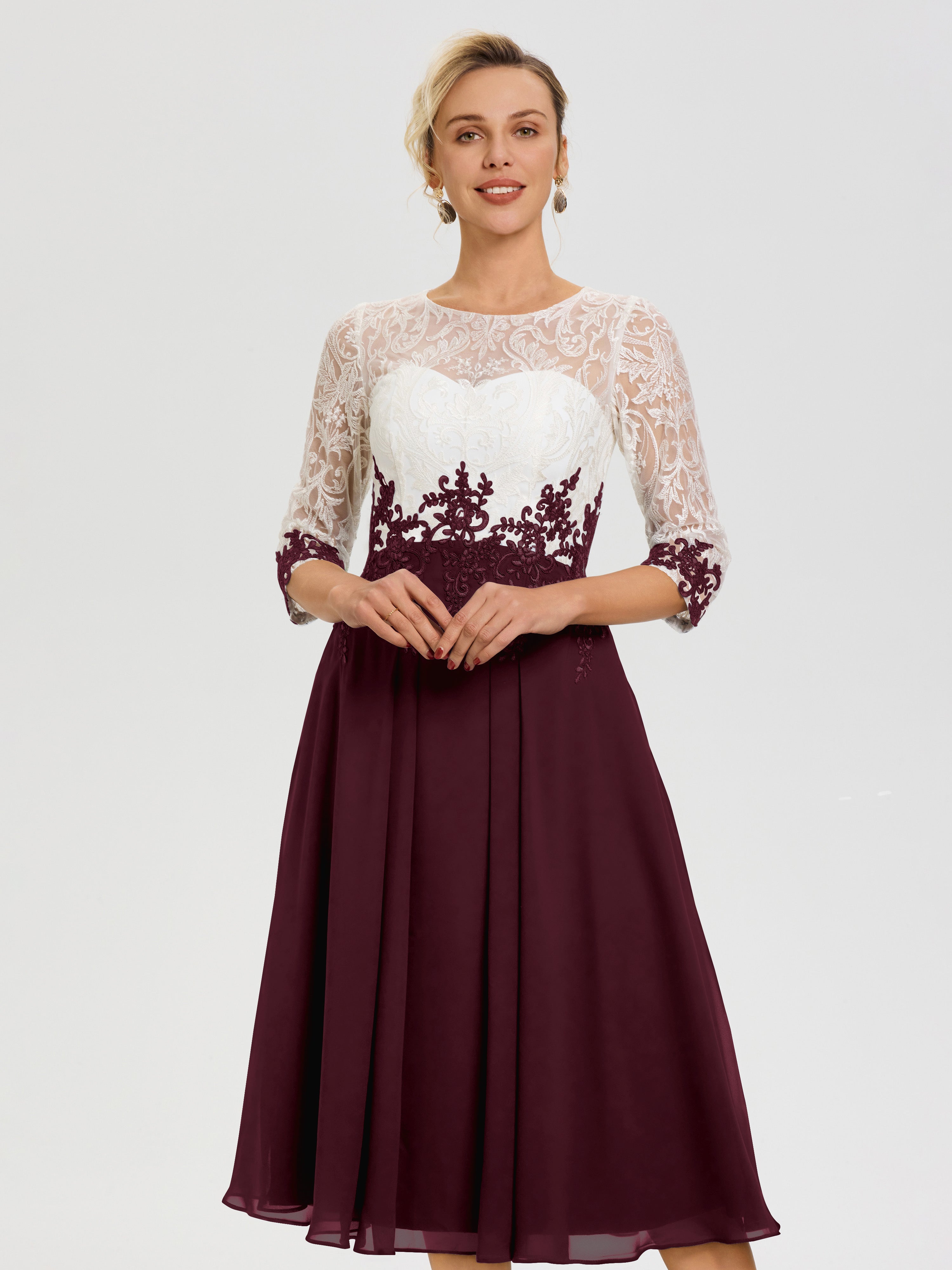 Robe De Mère De Mariée Moderne Cabernet Col-Rond-Mousseline-Dentelle-3-4-Manches-Robe-Mere-Mariee