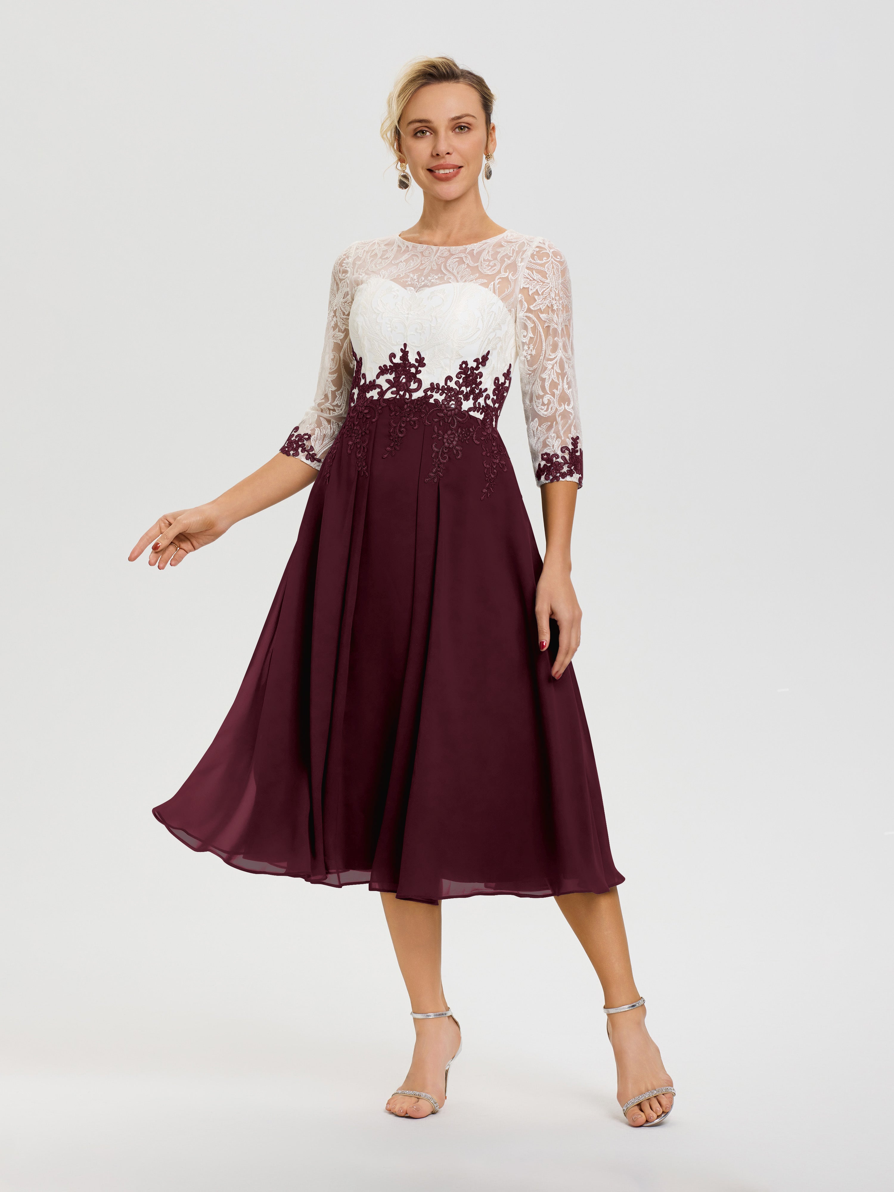 Robe De Mère De Mariée Moderne Cabernet Col-Rond-Mousseline-Dentelle-3-4-Manches-Robe-Mere-Mariee