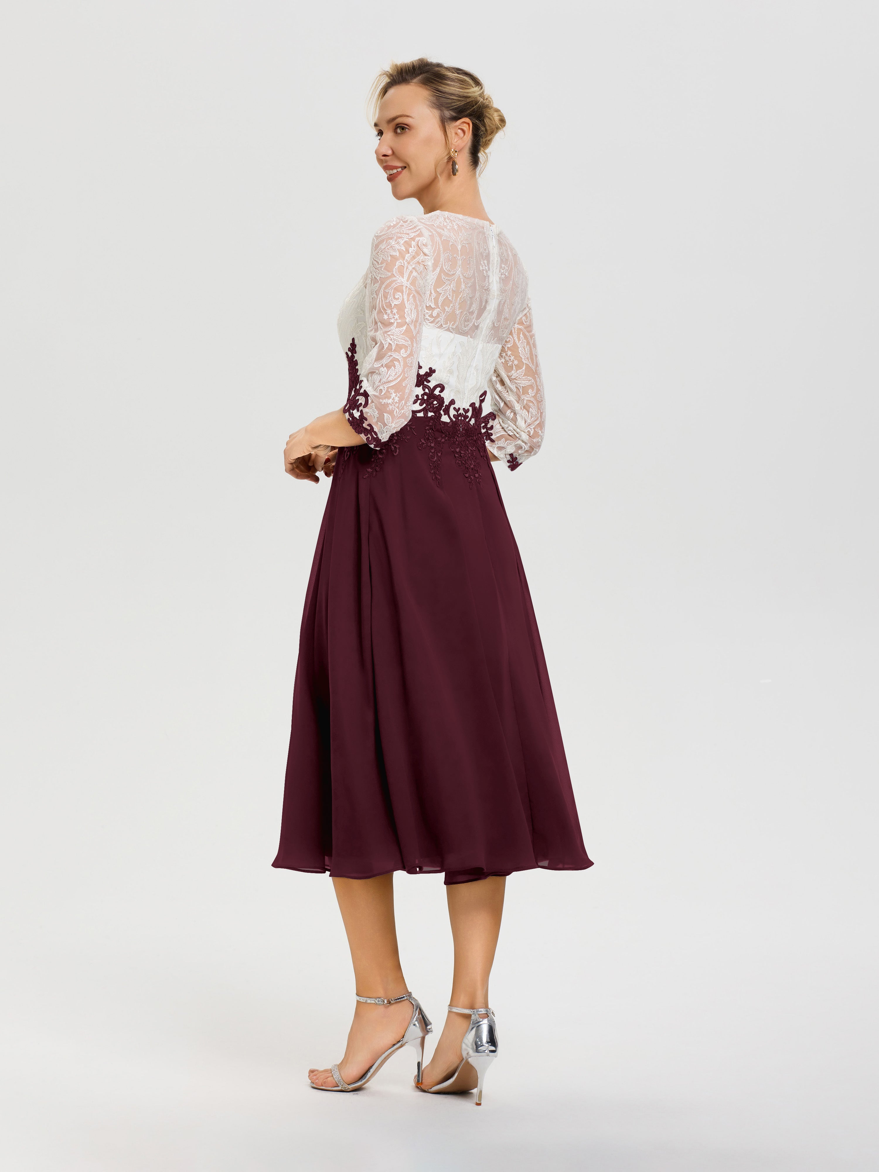 Robe De Mère De Mariée Moderne Cabernet Col-Rond-Mousseline-Dentelle-3-4-Manches-Robe-Mere-Mariee