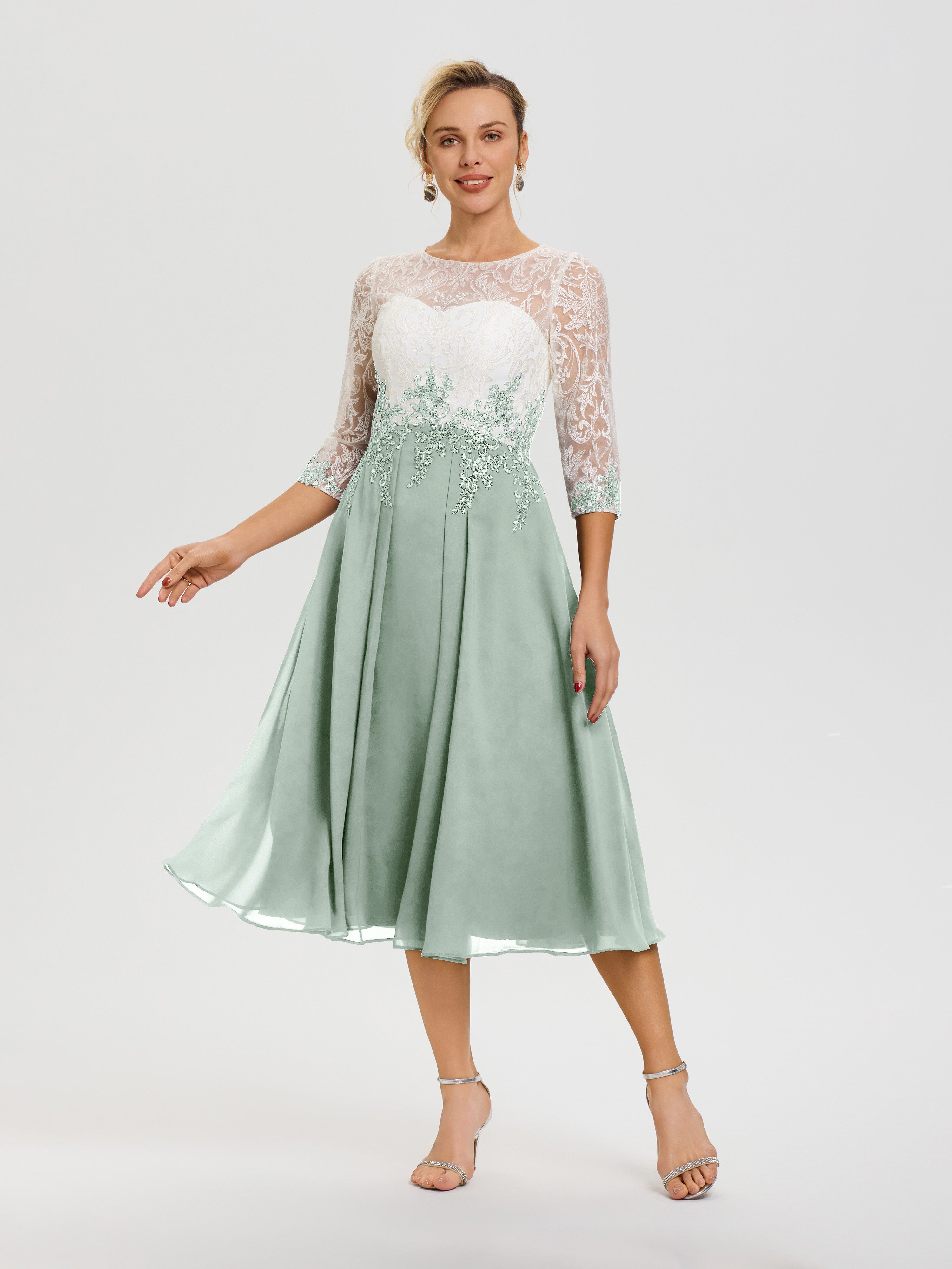 Robe De Mère De Mariée Moderne Celadon Col-Rond-Mousseline-Dentelle-3-4-Manches-Robe-Mere-Mariee