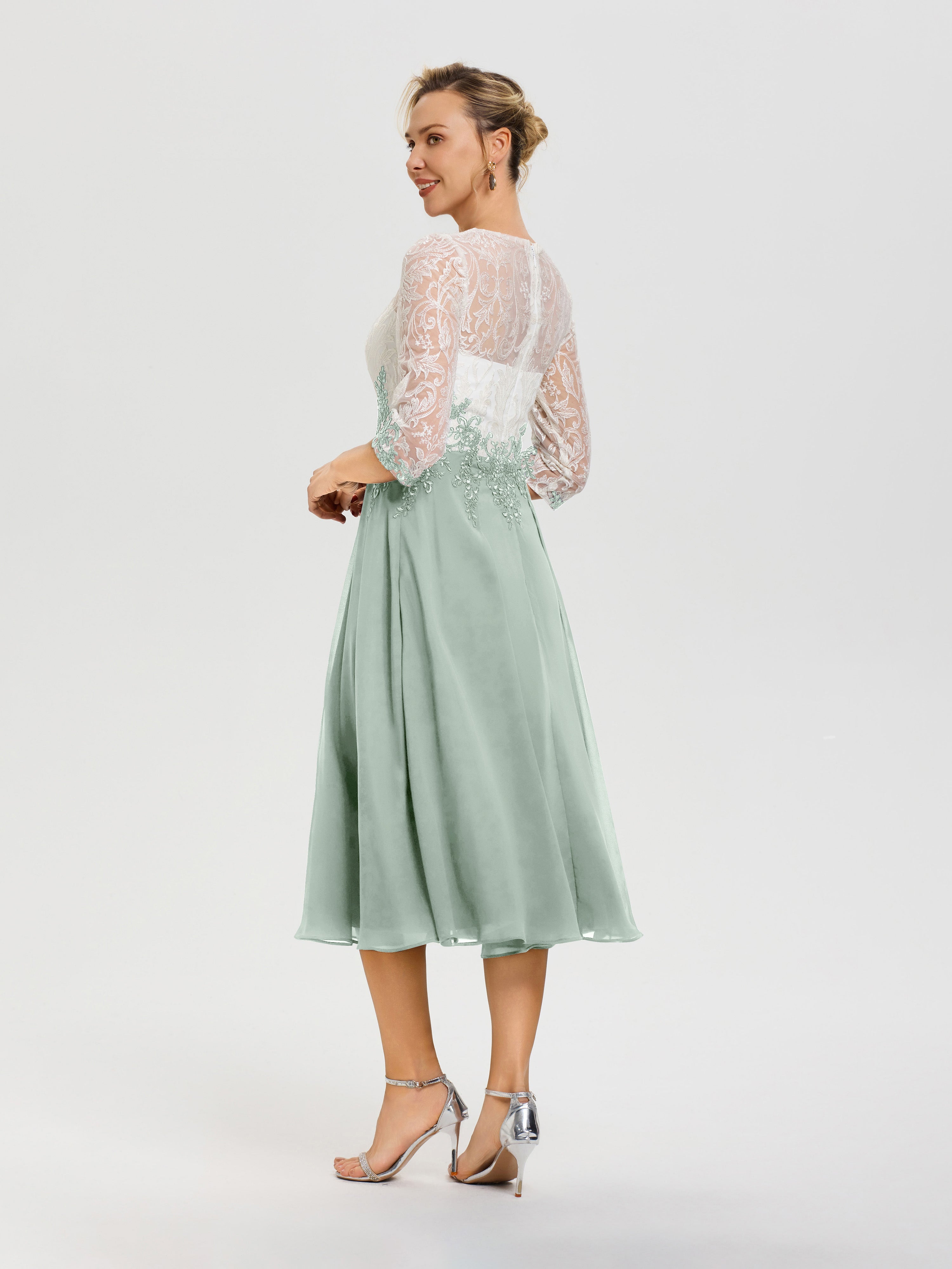 Robe De Mère De Mariée Moderne Celadon Col-Rond-Mousseline-Dentelle-3-4-Manches-Robe-Mere-Mariee