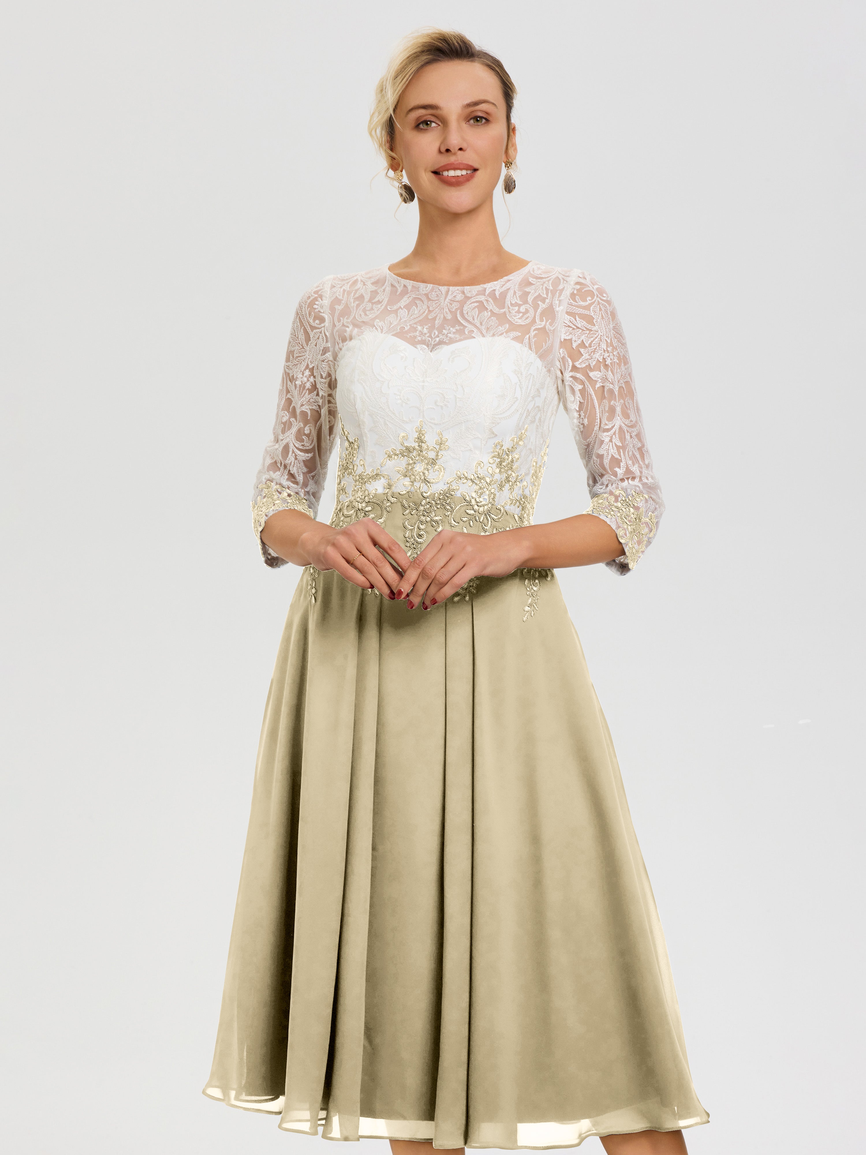 Robe Mere De La Mariee Champagne Col Rond Mousseline & Dentelle 3/4 Manches Robe Mère Mariée