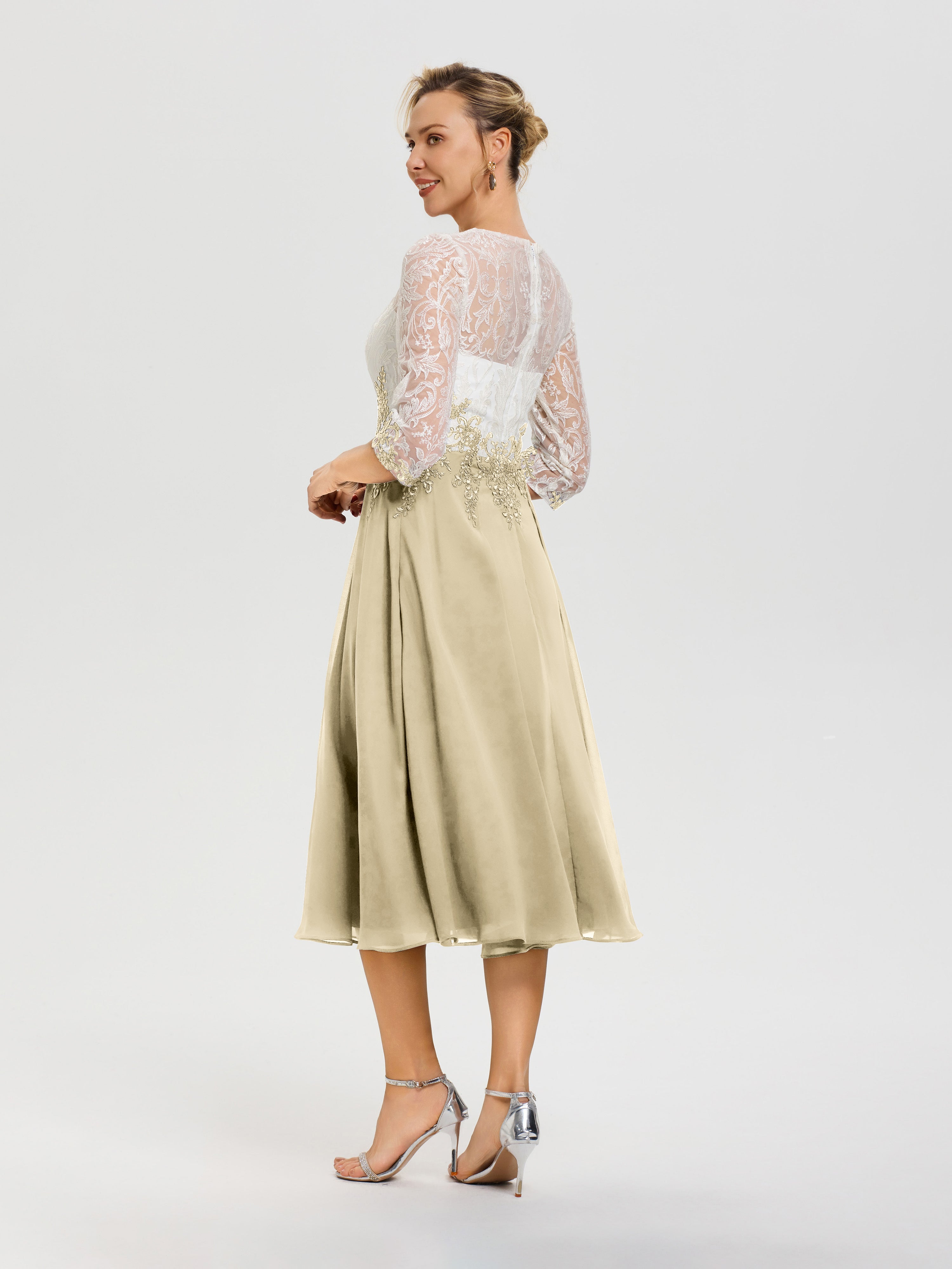 Robe Mere De La Mariee Champagne Col Rond Mousseline & Dentelle 3/4 Manches Robe Mère Mariée
