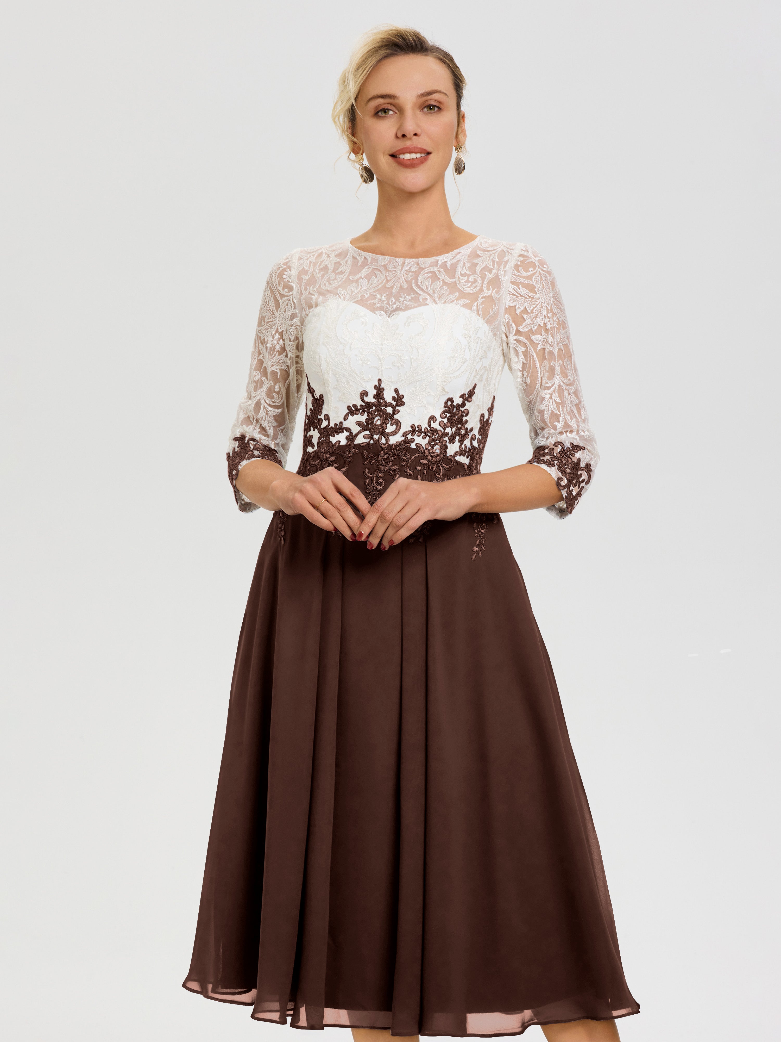 Robe Mère De Mariée Chocolat Col Rond Mousseline & Dentelle 3/4 Manches Robe Mère Mariée