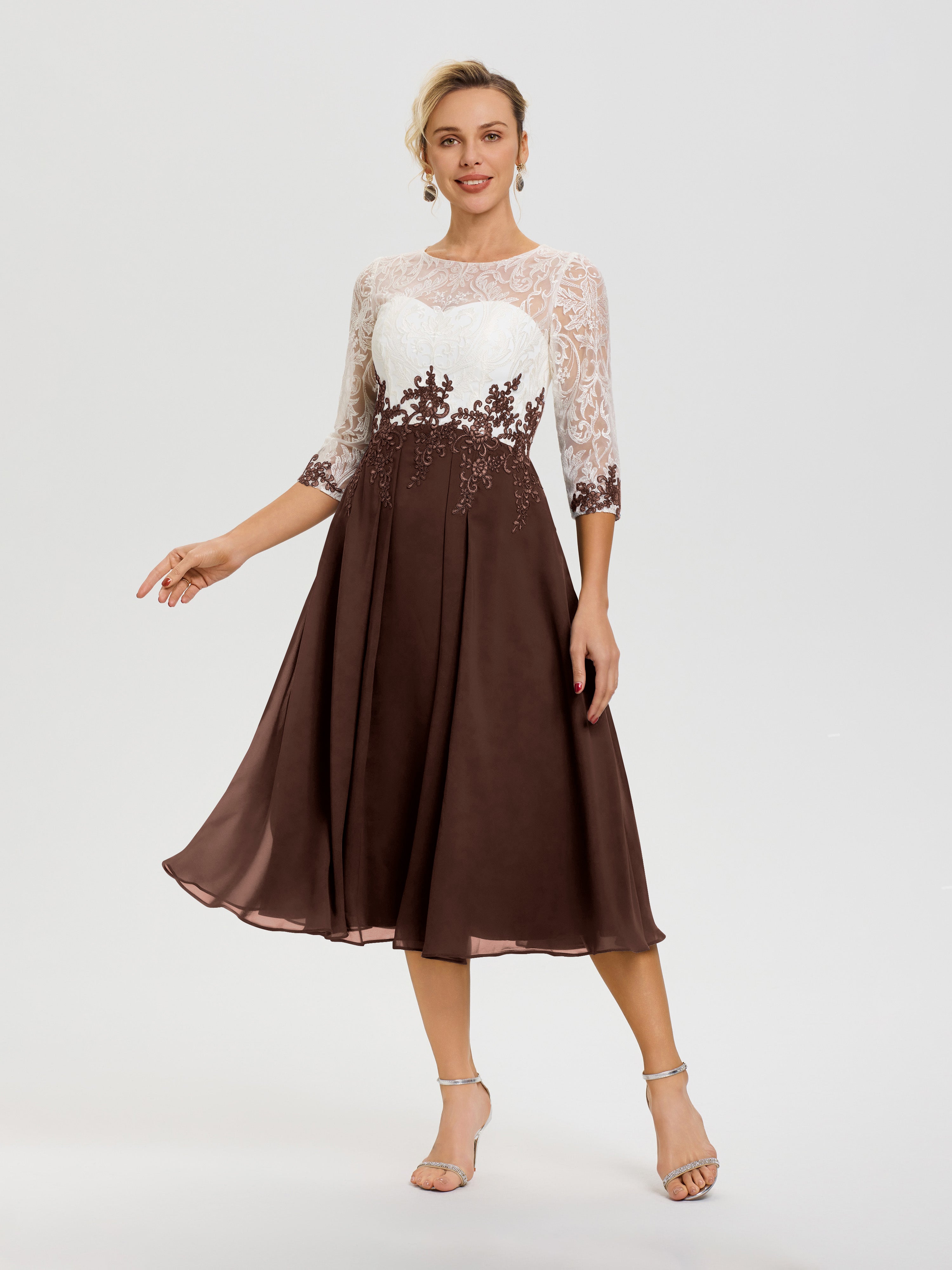 Robe Mère De Mariée Chocolat Col Rond Mousseline & Dentelle 3/4 Manches Robe Mère Mariée