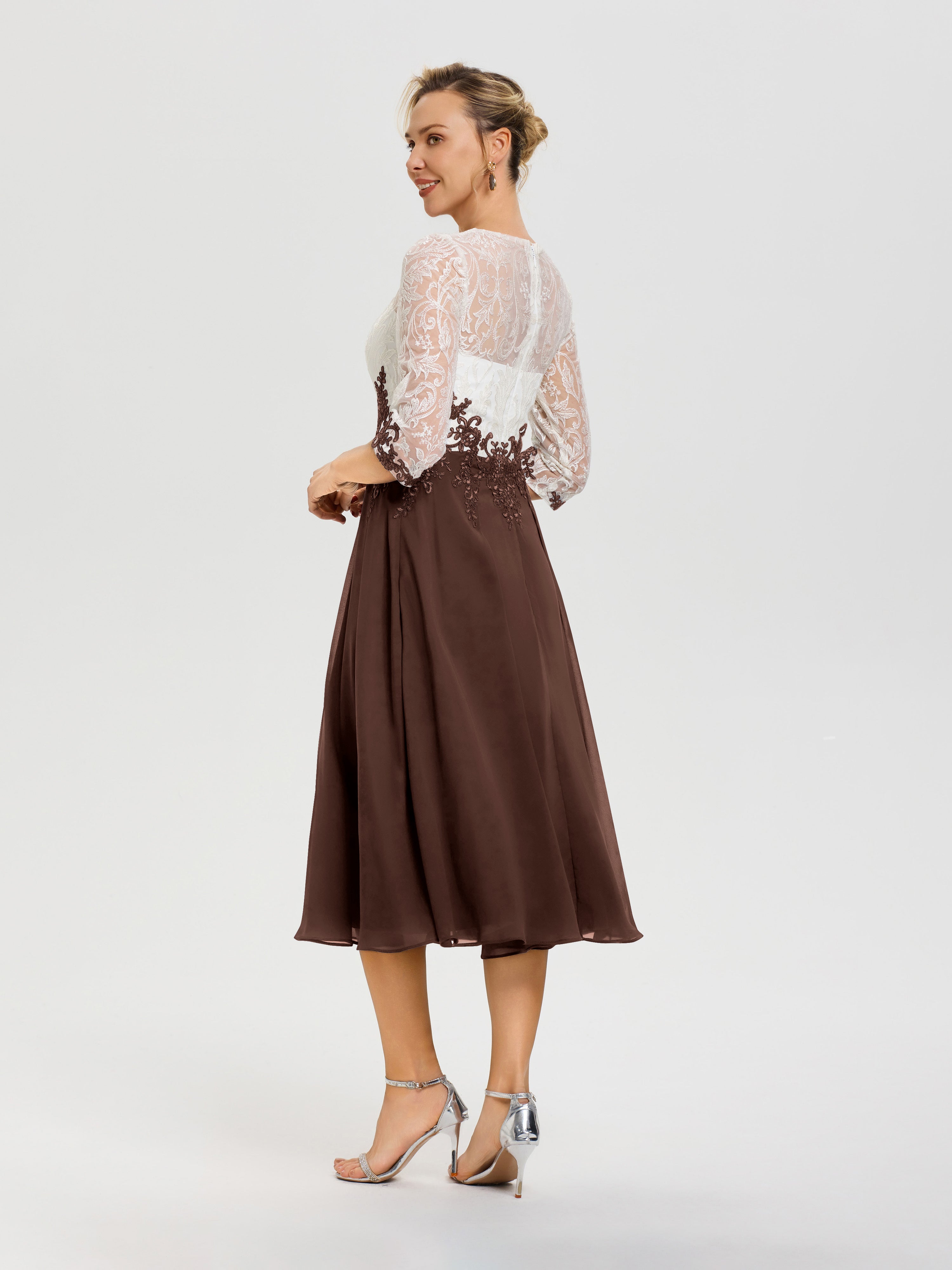 Robe Mère De Mariée Chocolat Col Rond Mousseline & Dentelle 3/4 Manches Robe Mère Mariée