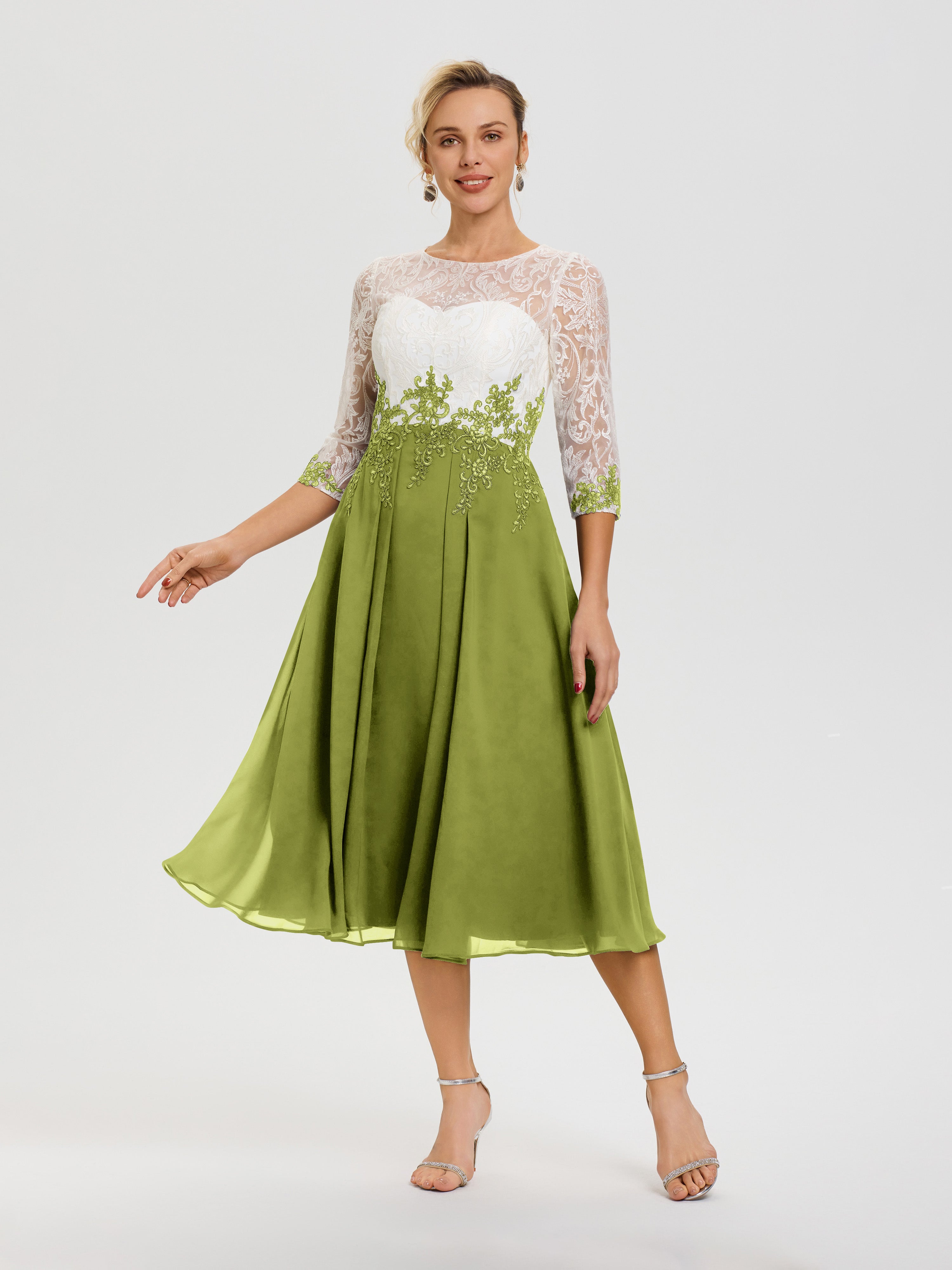 Robe Mère Marié Trèfle Col Rond Mousseline & Dentelle 3/4 Manches Robe Mère Mariée