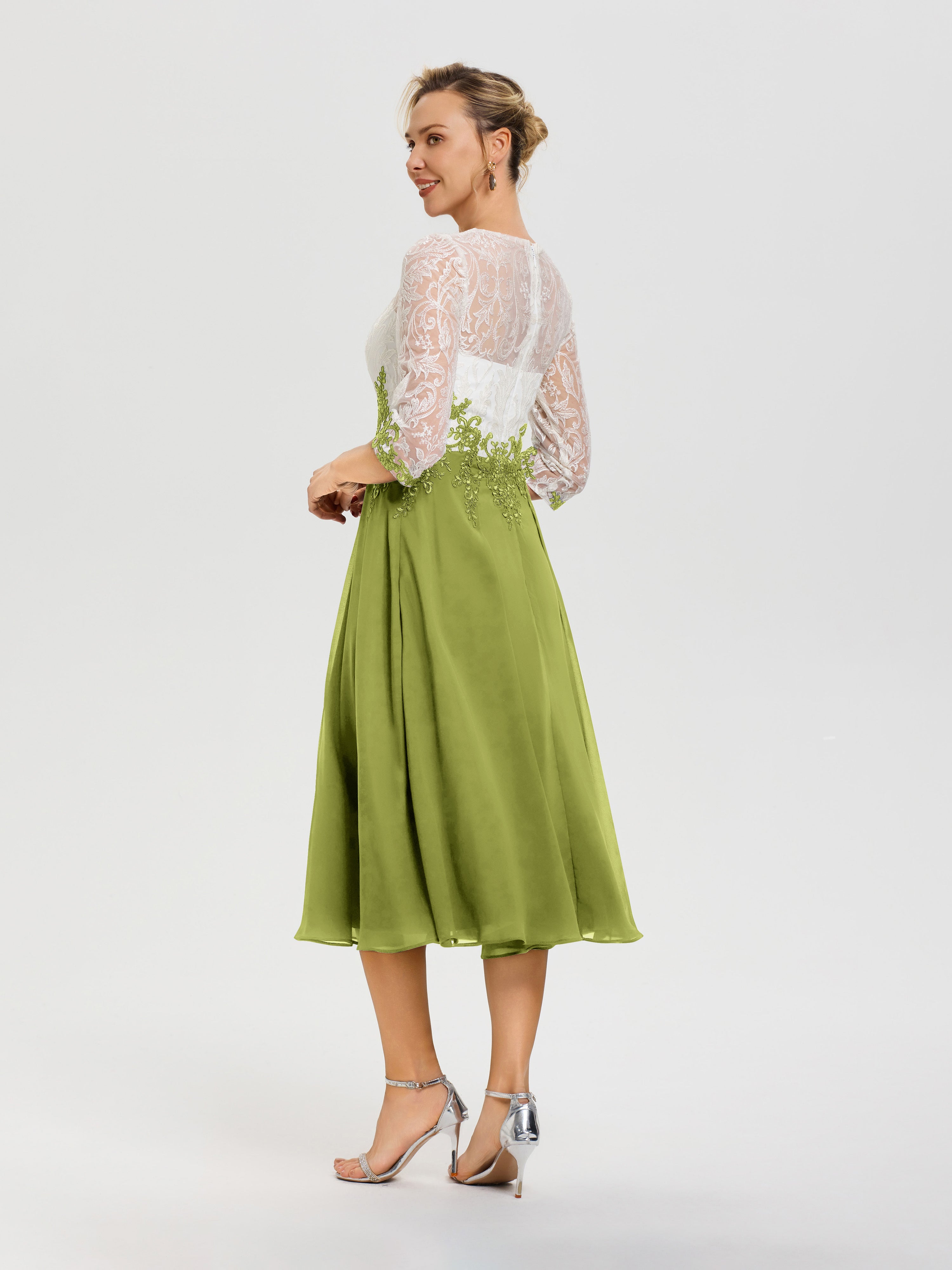 Robe Mère Marié Trèfle Col Rond Mousseline & Dentelle 3/4 Manches Robe Mère Mariée