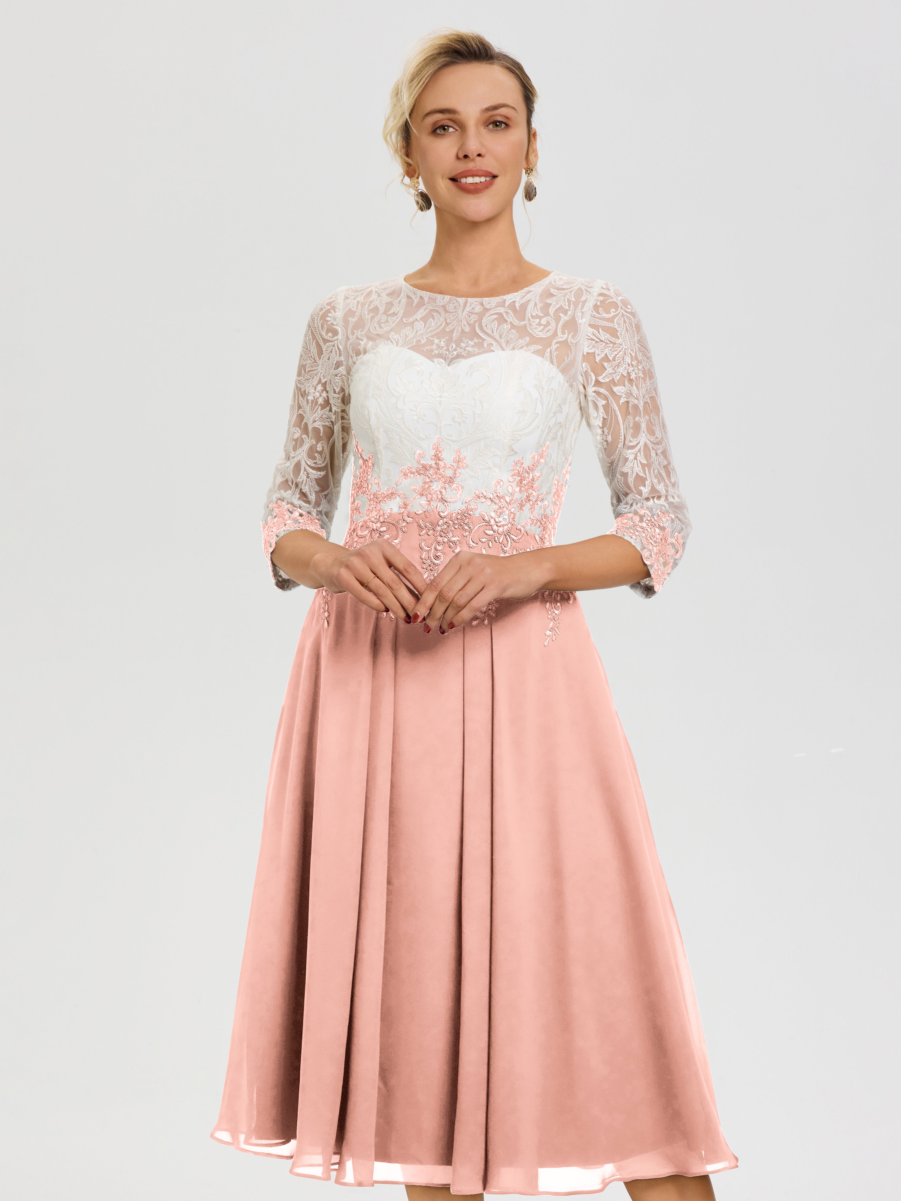 Robe De Mère De Mariée Moderne Corail Col-Rond-Mousseline-Dentelle-3-4-Manches-Robe-Mere-Mariee
