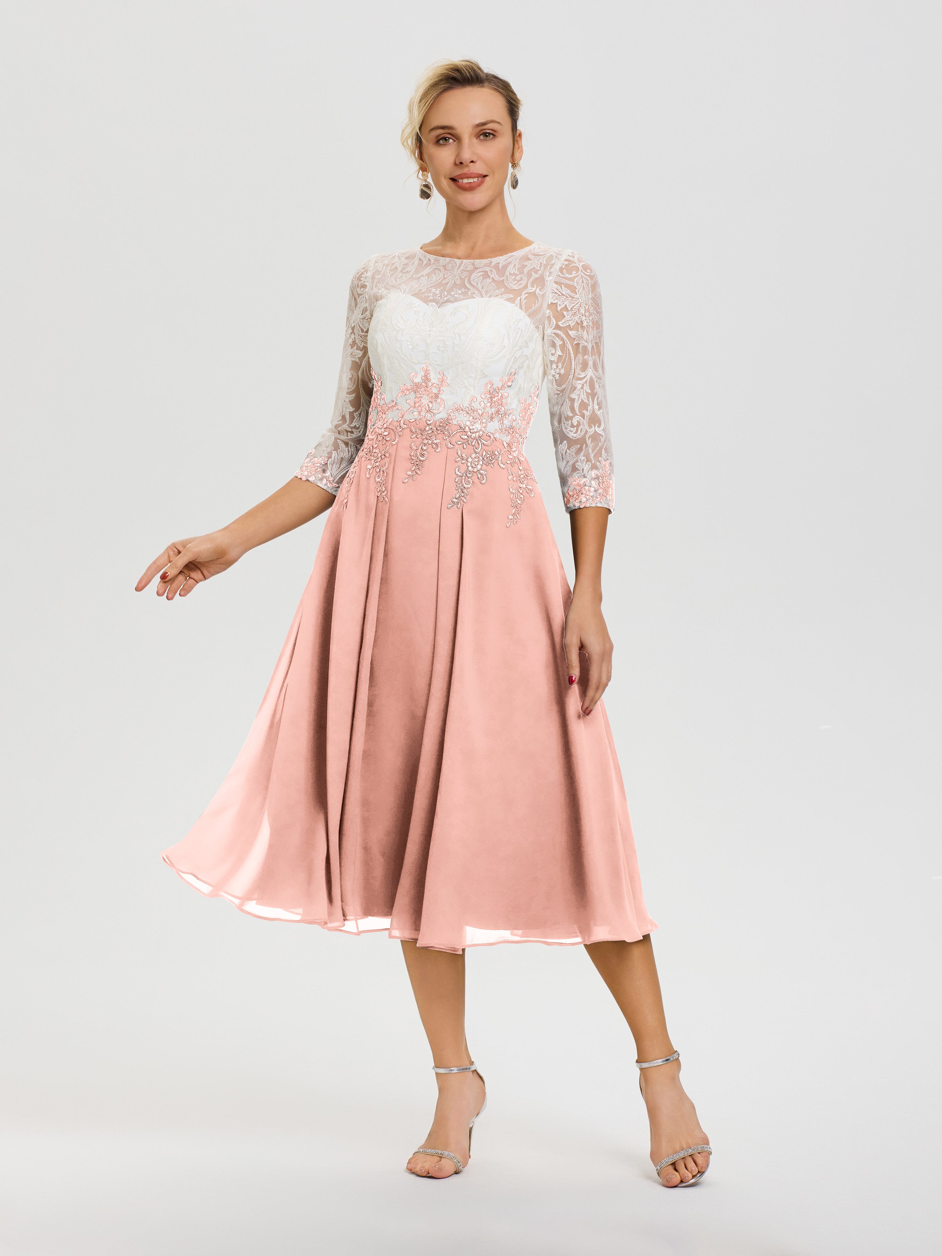 Robe De Mère De Mariée Moderne Corail Col-Rond-Mousseline-Dentelle-3-4-Manches-Robe-Mere-Mariee