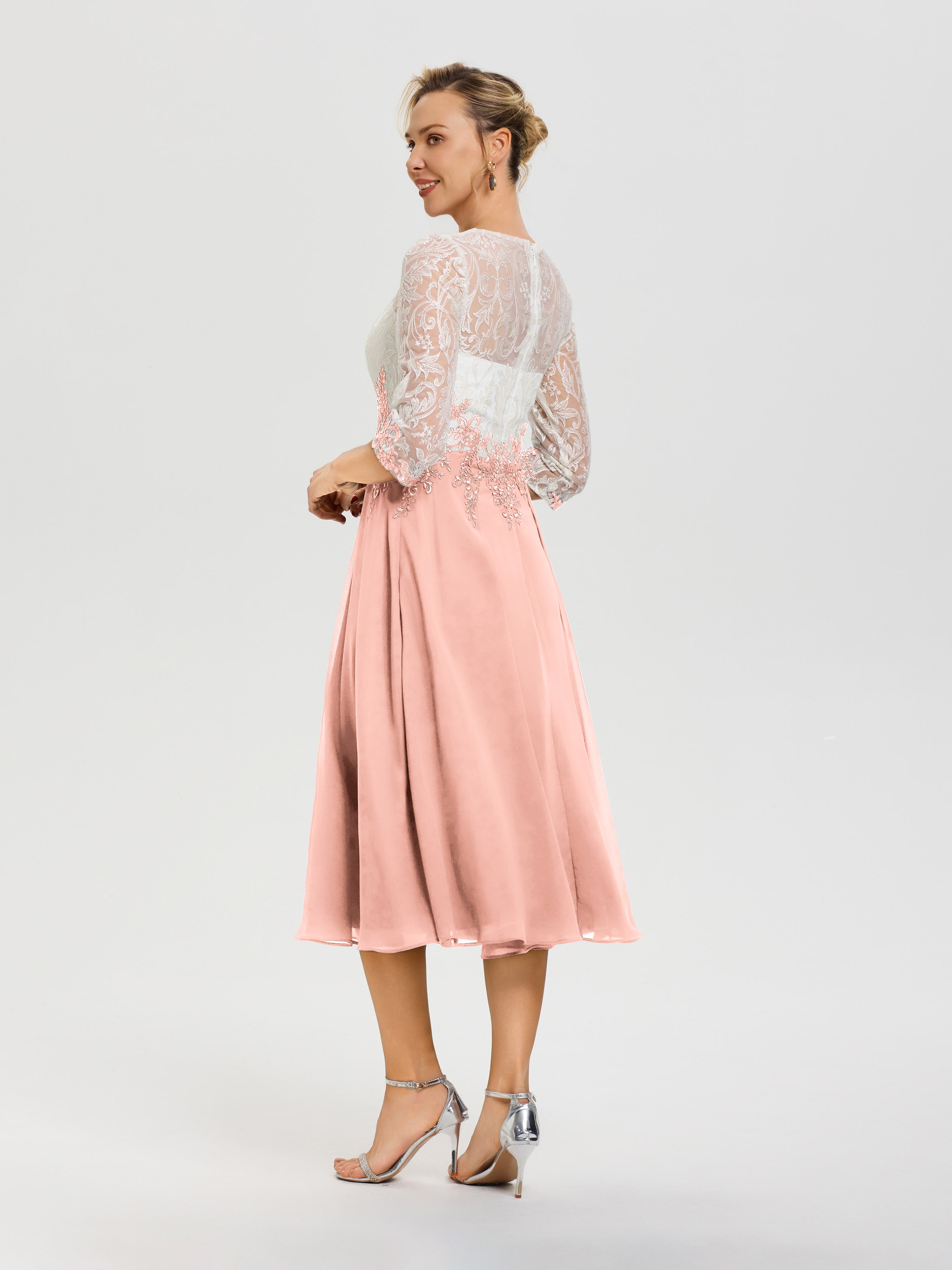 Robe De Mère De Mariée Moderne Corail Col-Rond-Mousseline-Dentelle-3-4-Manches-Robe-Mere-Mariee