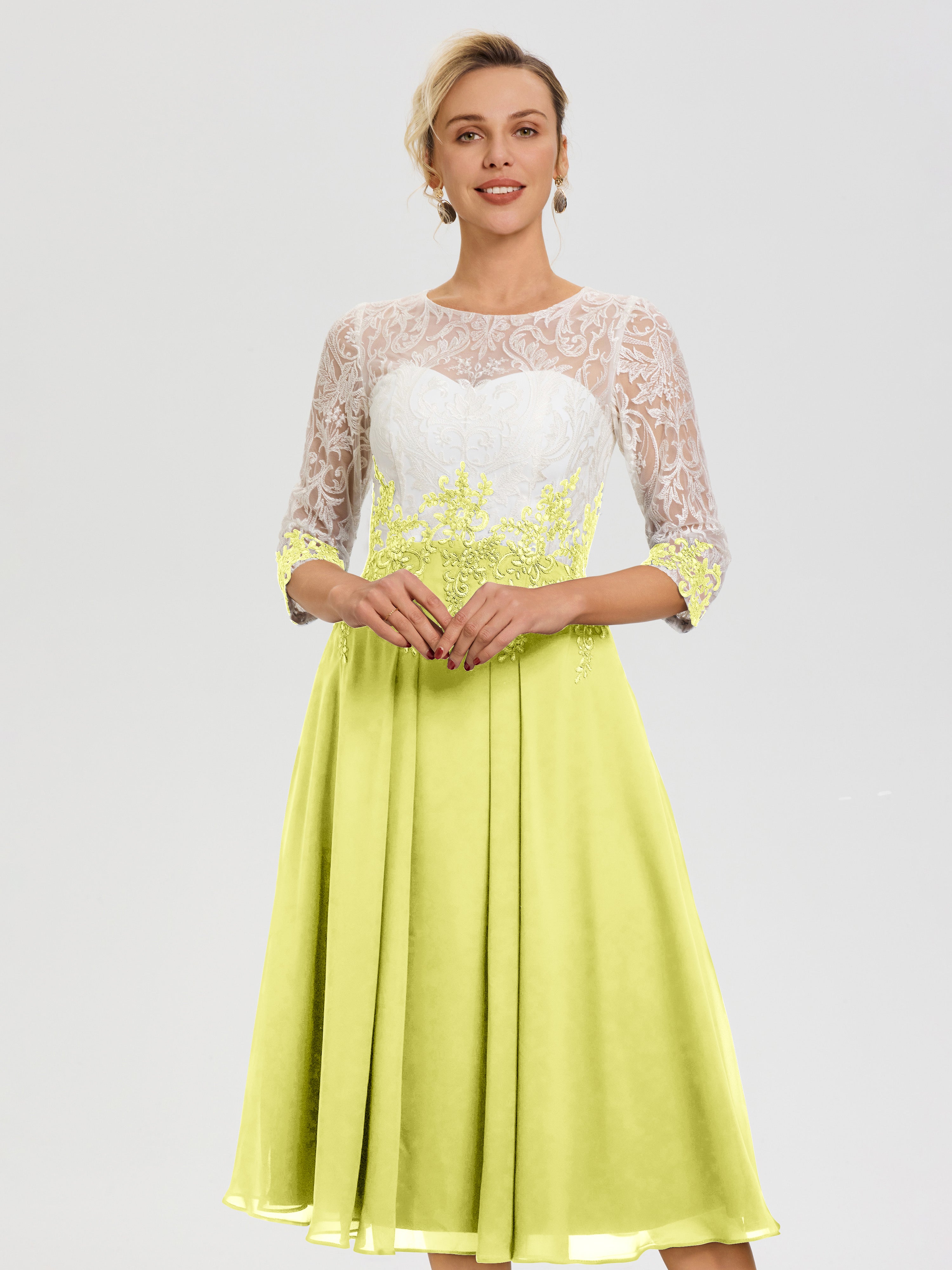 Robe De Cérémonie Mère De La Mariée Jonquille Col Rond Mousseline & Dentelle 3/4 Manches Robe Mère Mariée