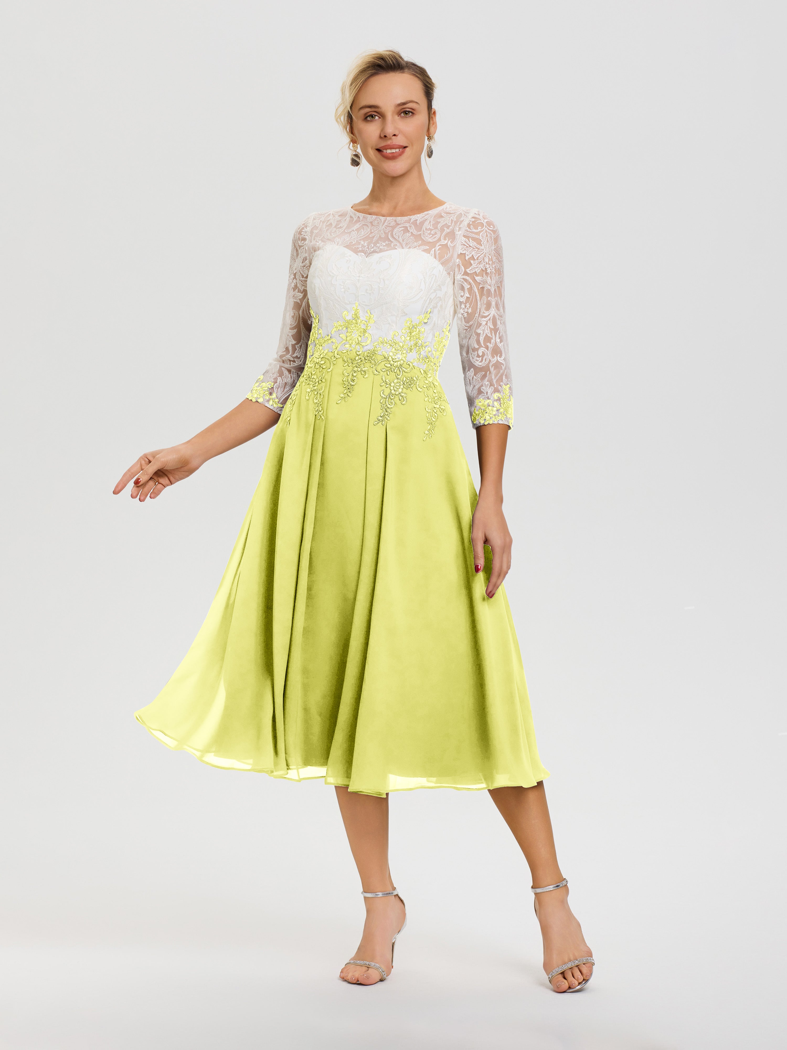 Robe De Cérémonie Mère De La Mariée Jonquille Col Rond Mousseline & Dentelle 3/4 Manches Robe Mère Mariée