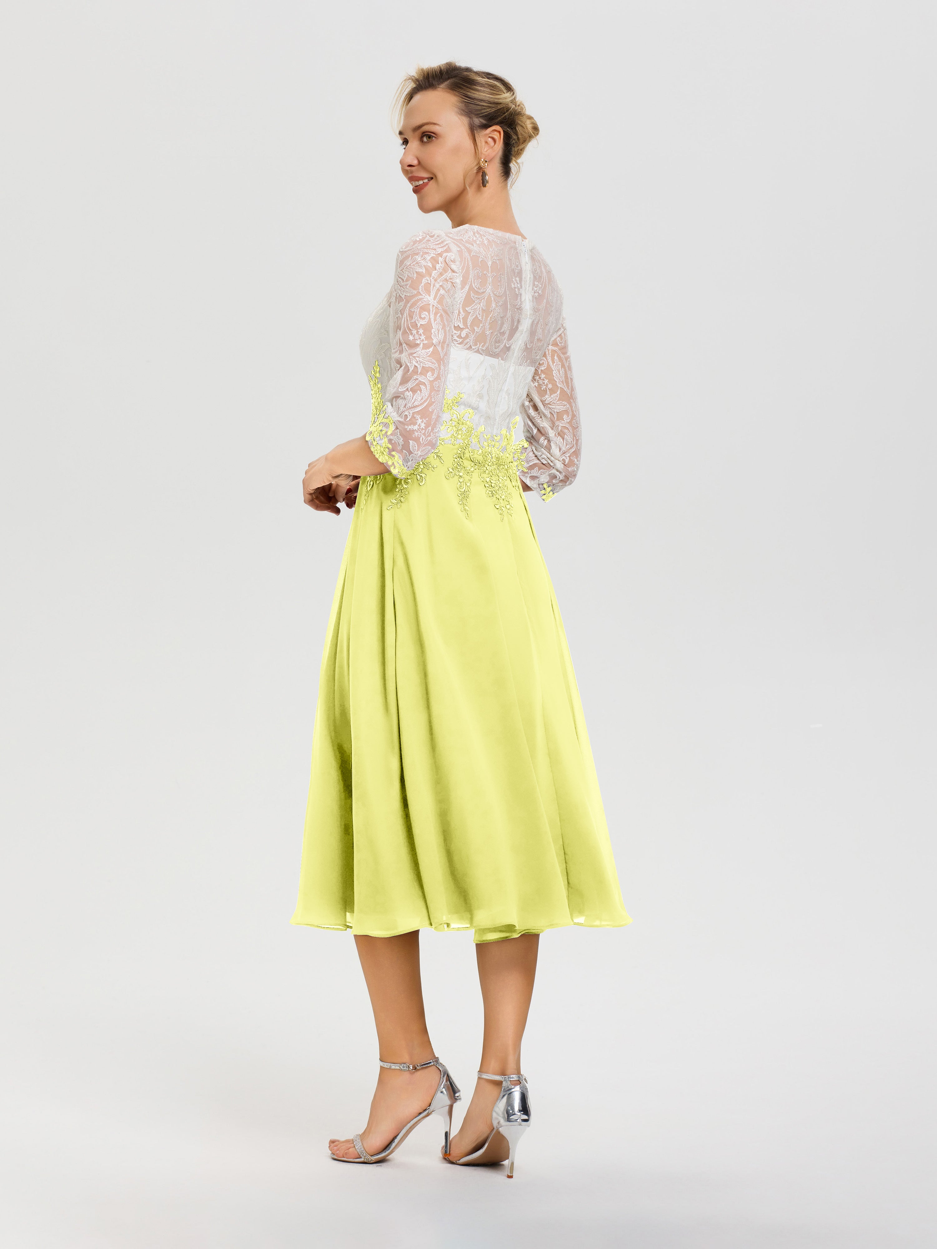 Robe De Cérémonie Mère De La Mariée Jonquille Col Rond Mousseline & Dentelle 3/4 Manches Robe Mère Mariée