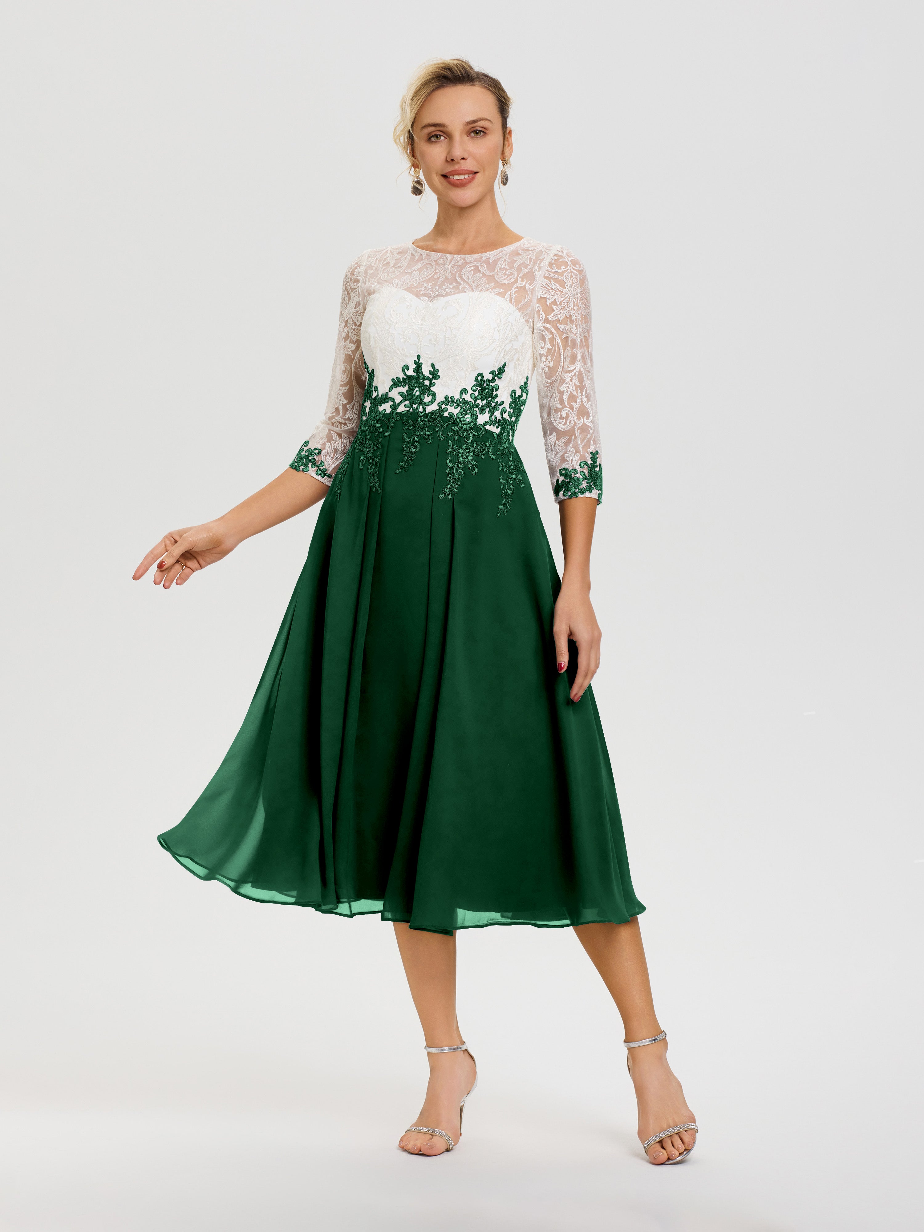Robe Mère Mariée Moderne Vert Foncé Col Rond Mousseline & Dentelle 3/4 Manches Robe Mère Mariée