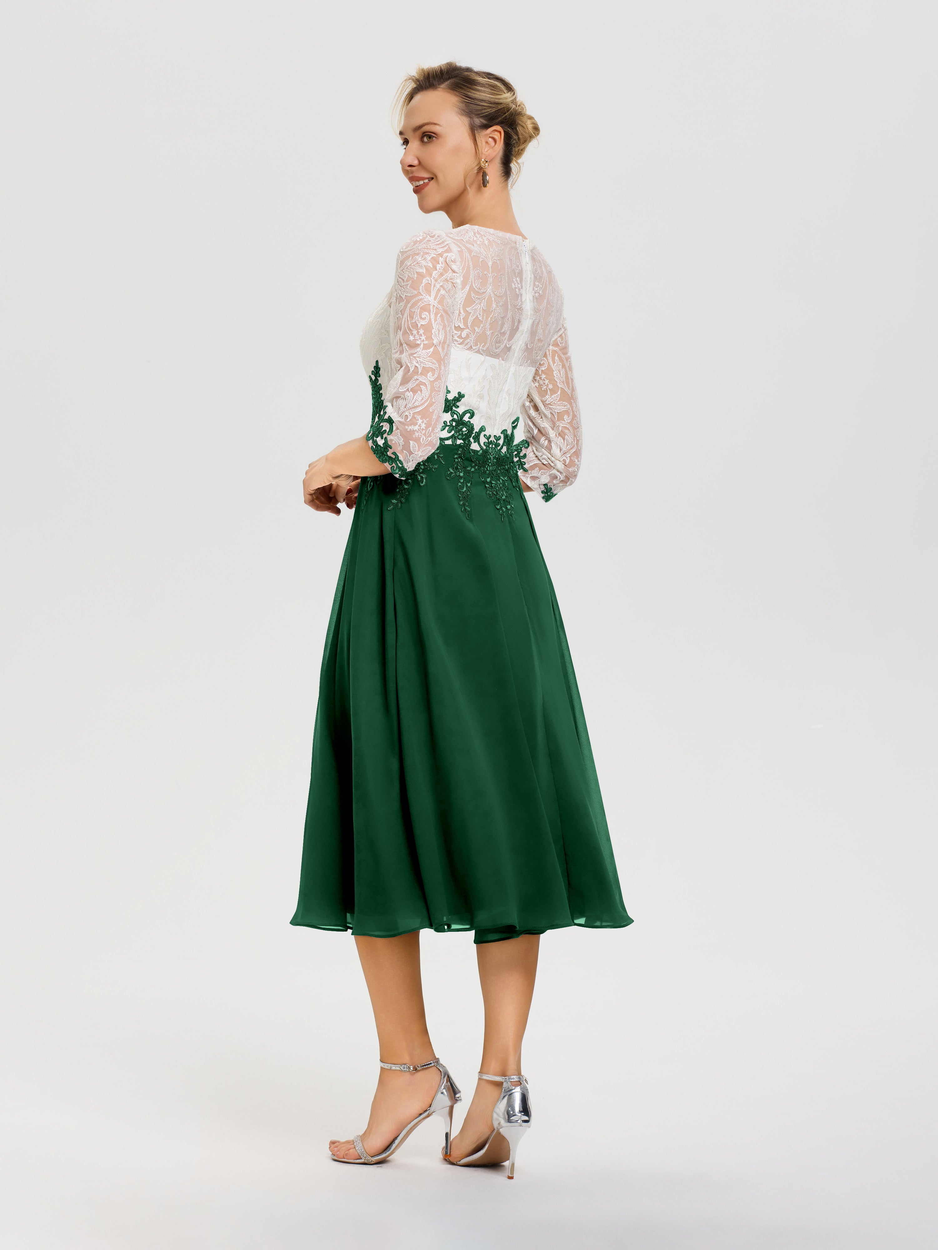 Robe Mère Mariée Moderne Vert Foncé Col Rond Mousseline & Dentelle 3/4 Manches Robe Mère Mariée