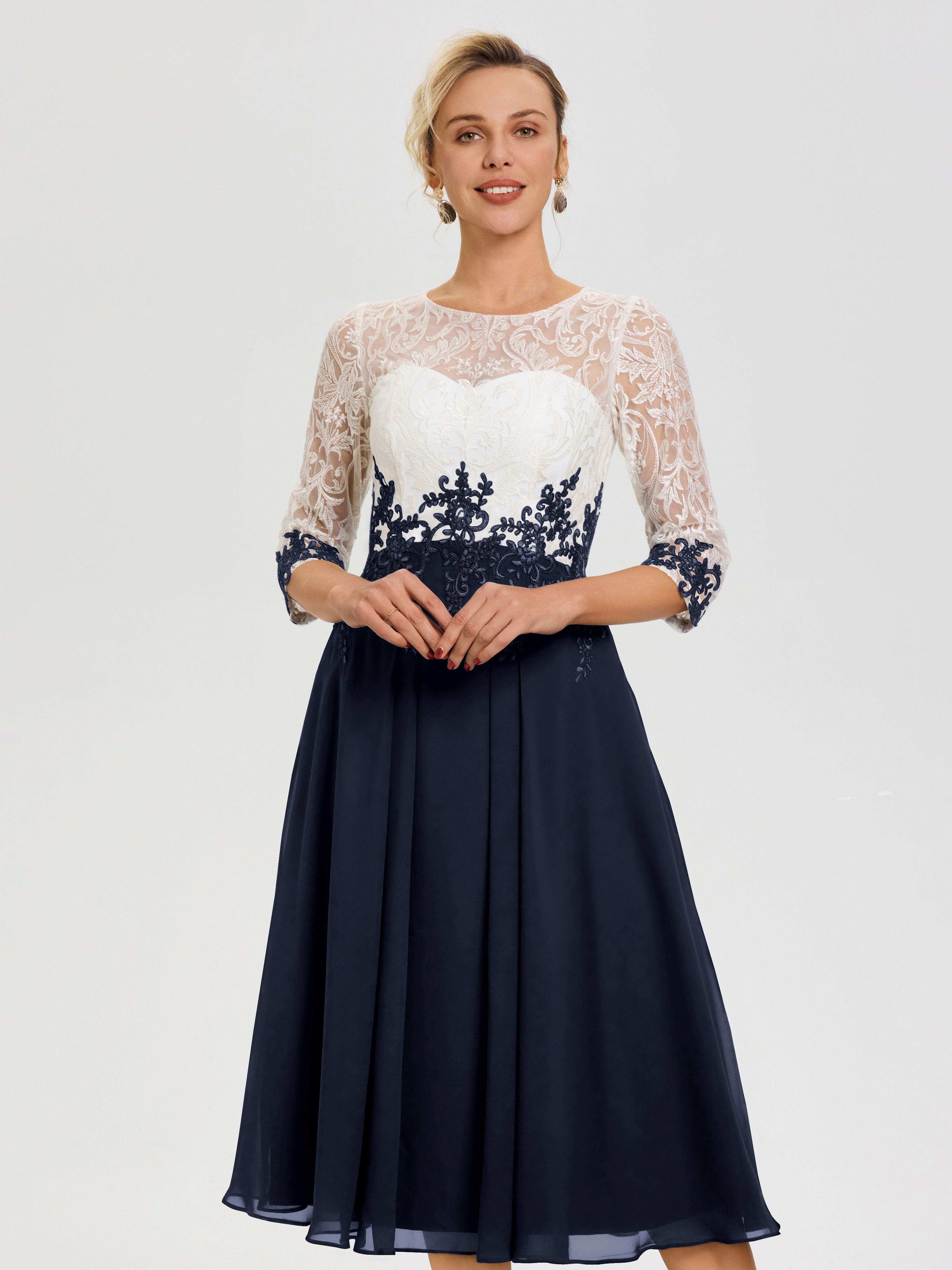 Robe Mère Mariée Bleu Marine Col Rond Mousseline & Dentelle 3/4 Manches Robe Mère Mariée