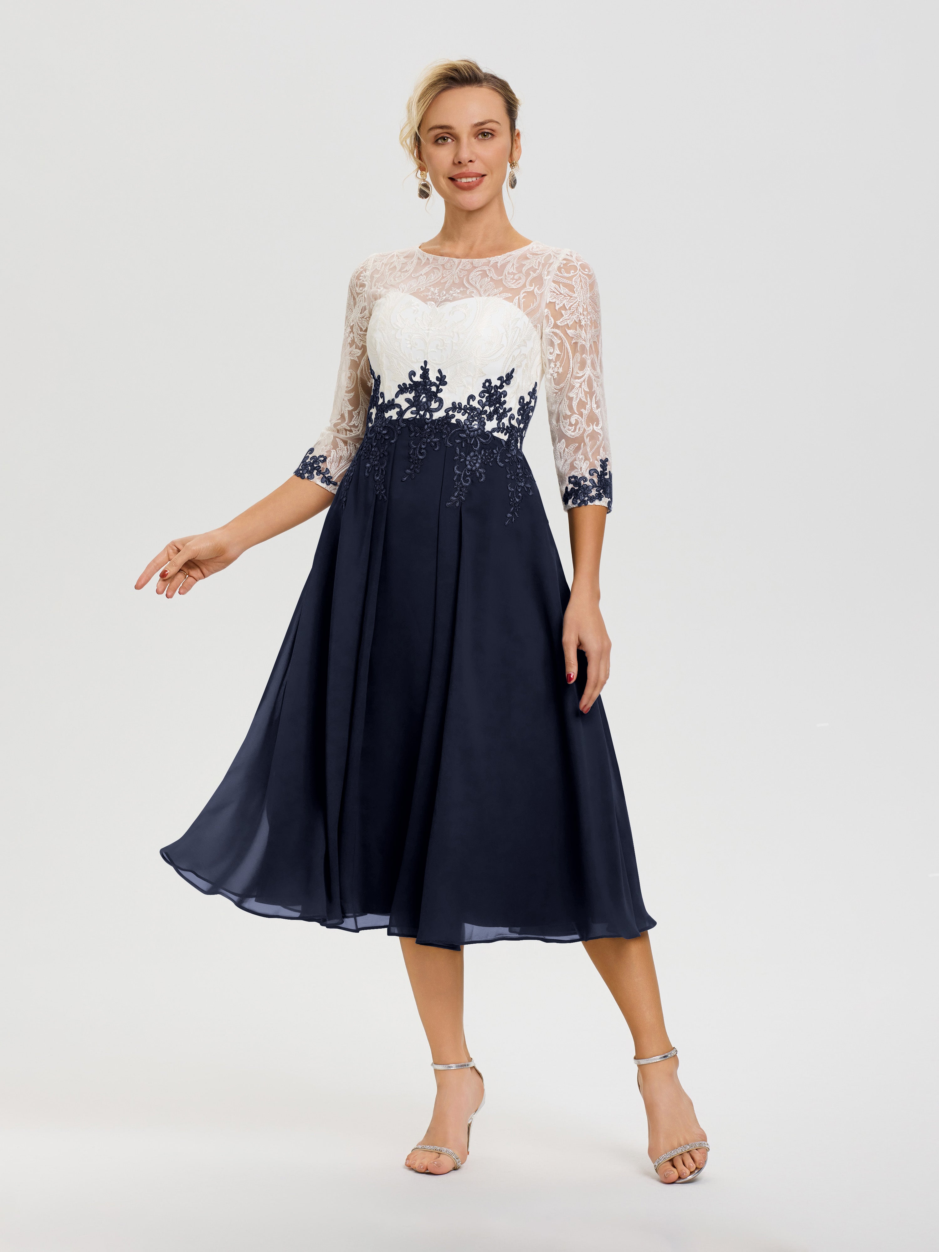 Robe Mère Mariée Bleu Marine Col Rond Mousseline & Dentelle 3/4 Manches Robe Mère Mariée