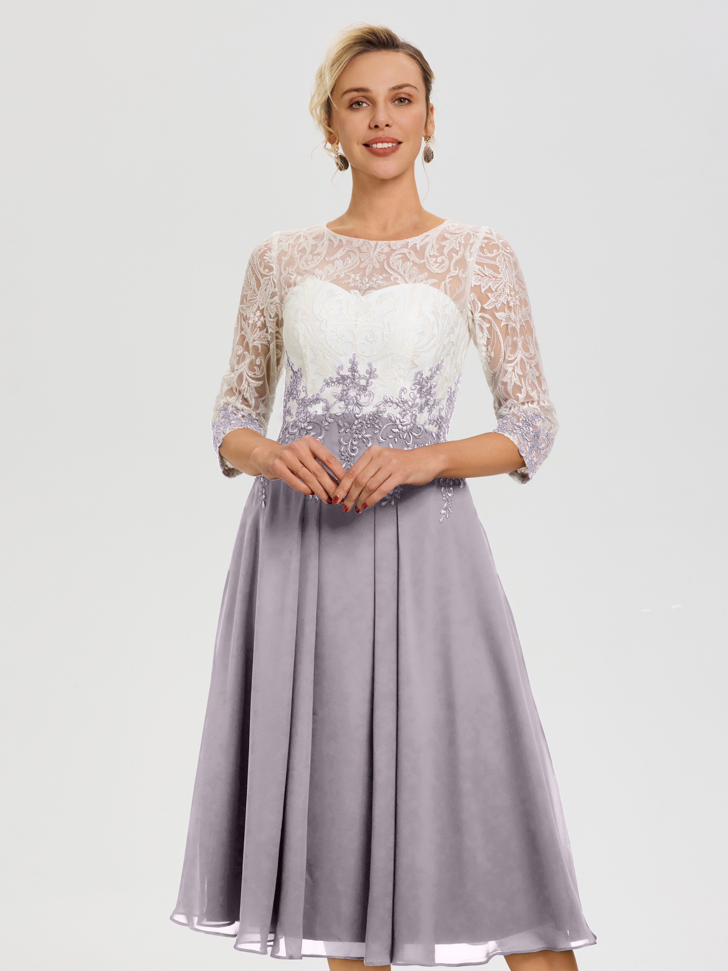 Robe De Mère De Mariée Moderne Crepuscule Col Rond Mousseline & Dentelle 3/4 Manches Robe Mère Mariée