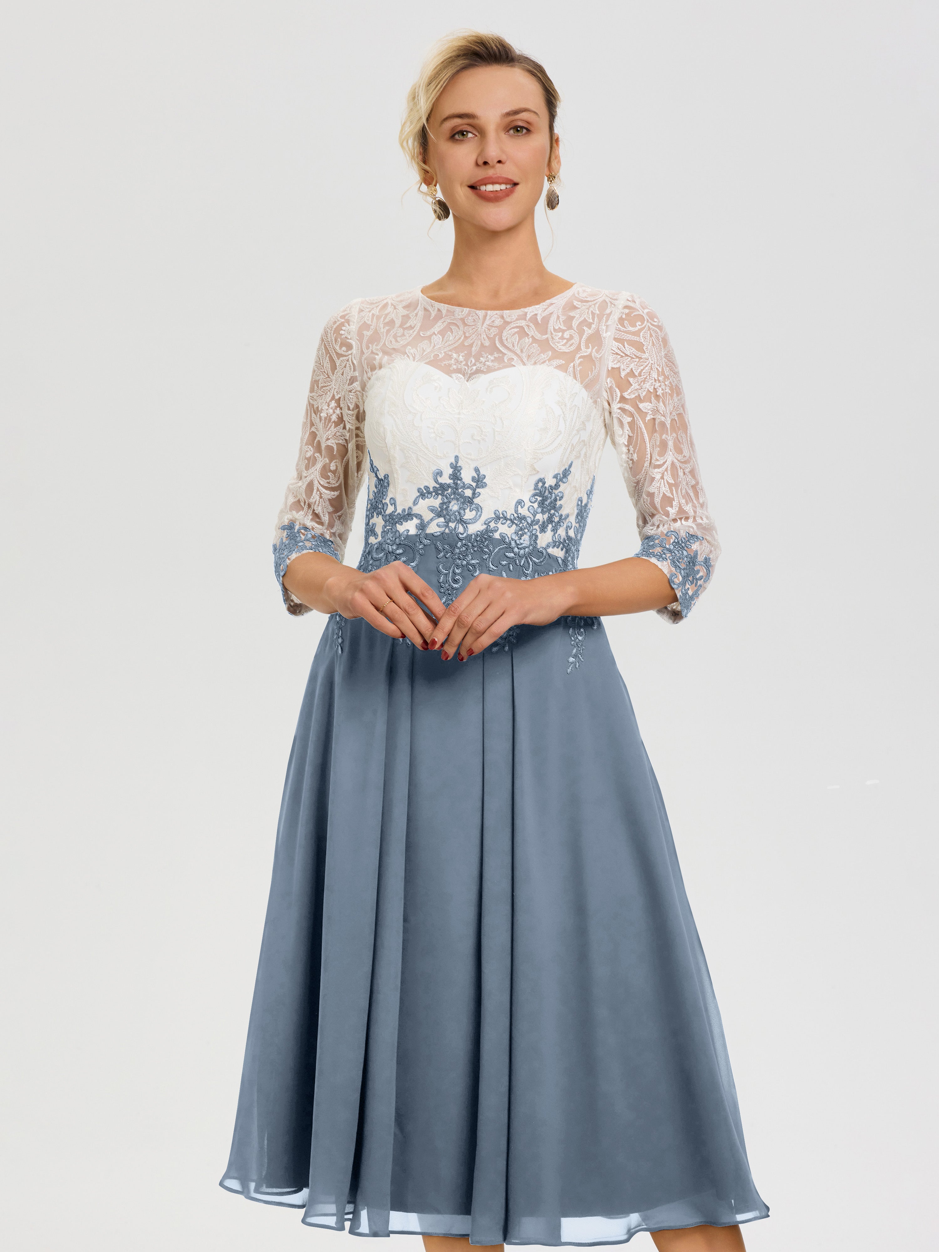 Robe Mère De Mariée Bleu Poudré Col Rond Mousseline & Dentelle 3/4 Manches Robe Mère Mariée