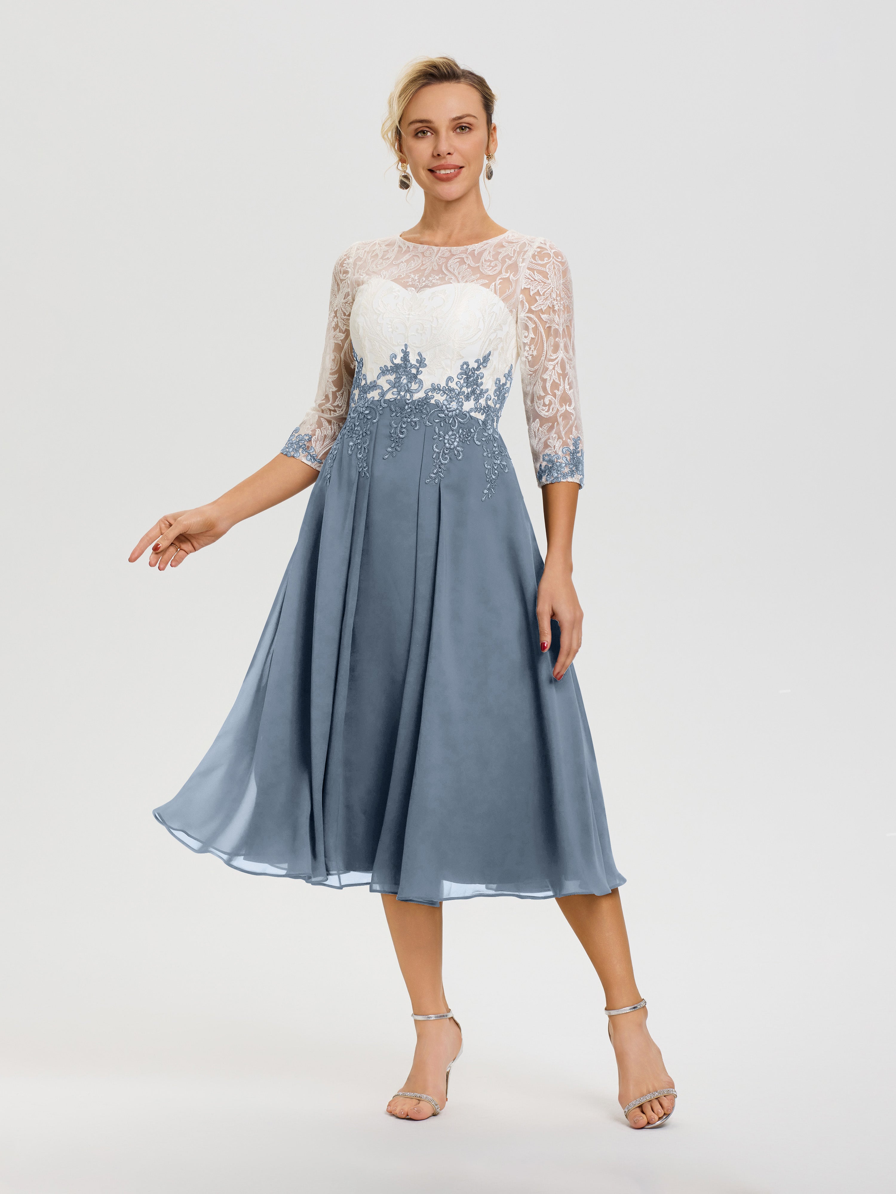 Robe Mère De Mariée Bleu Poudré Col Rond Mousseline & Dentelle 3/4 Manches Robe Mère Mariée