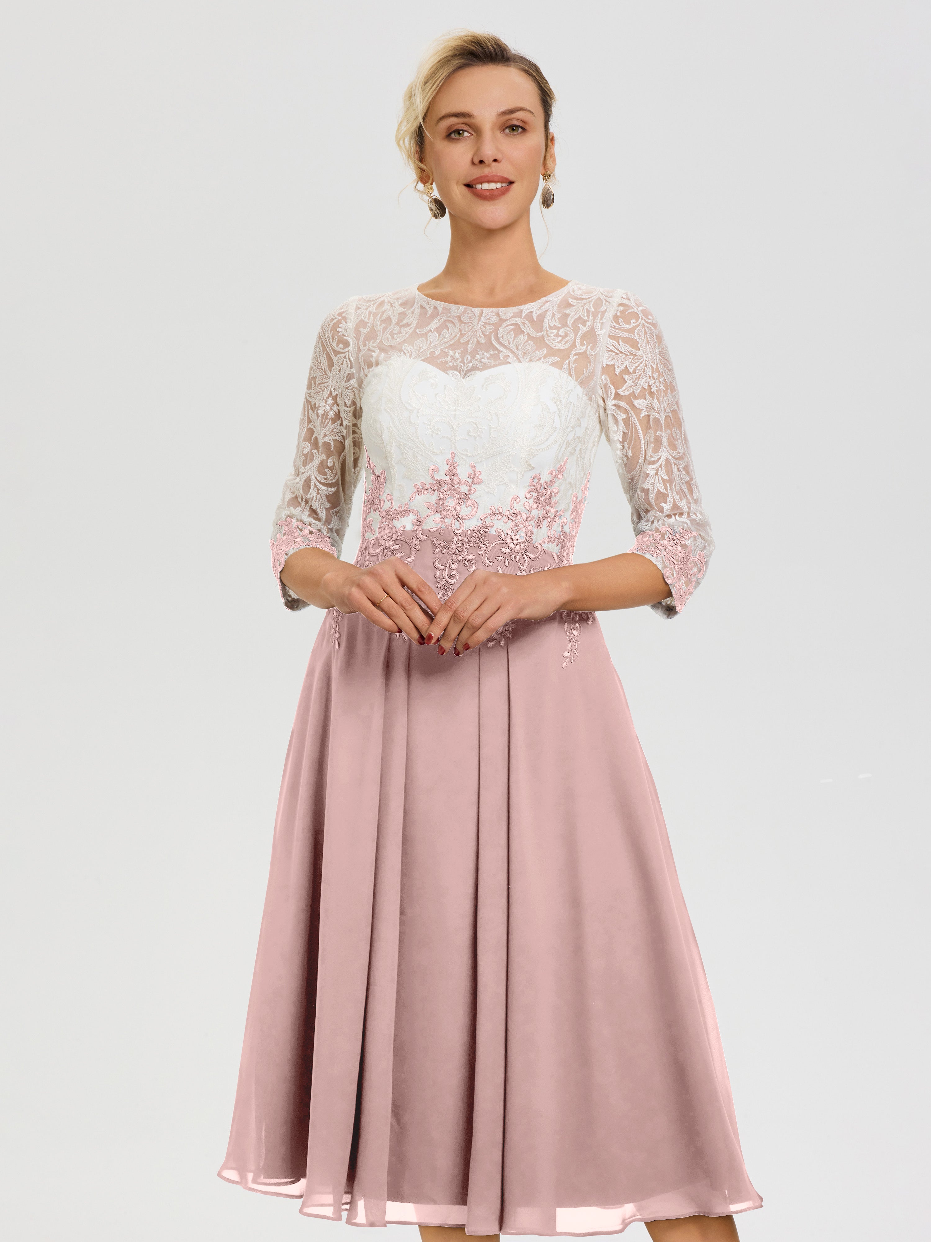Robe Mere Dela Mariee Rose Poudré Col Rond Mousseline & Dentelle 3/4 Manches Robe Mère Mariée