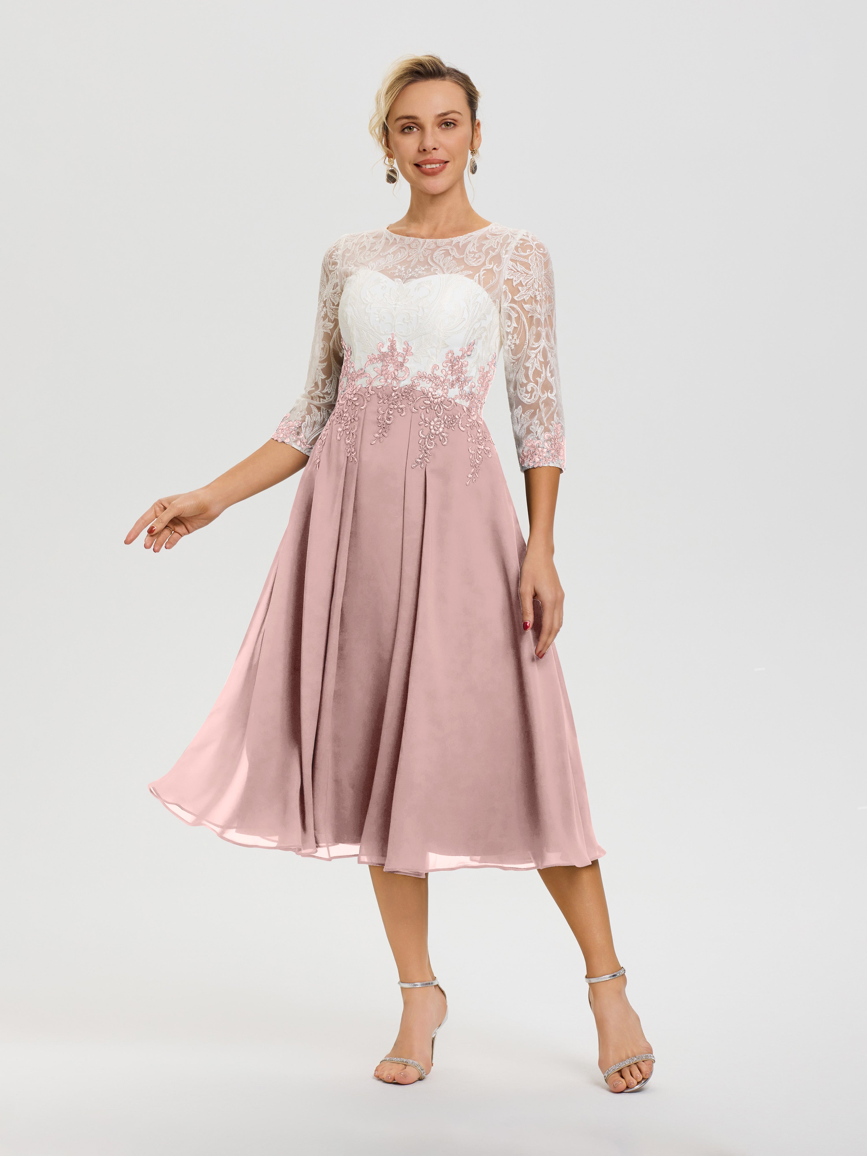 Robe Mere Dela Mariee Rose Poudré Col Rond Mousseline & Dentelle 3/4 Manches Robe Mère Mariée
