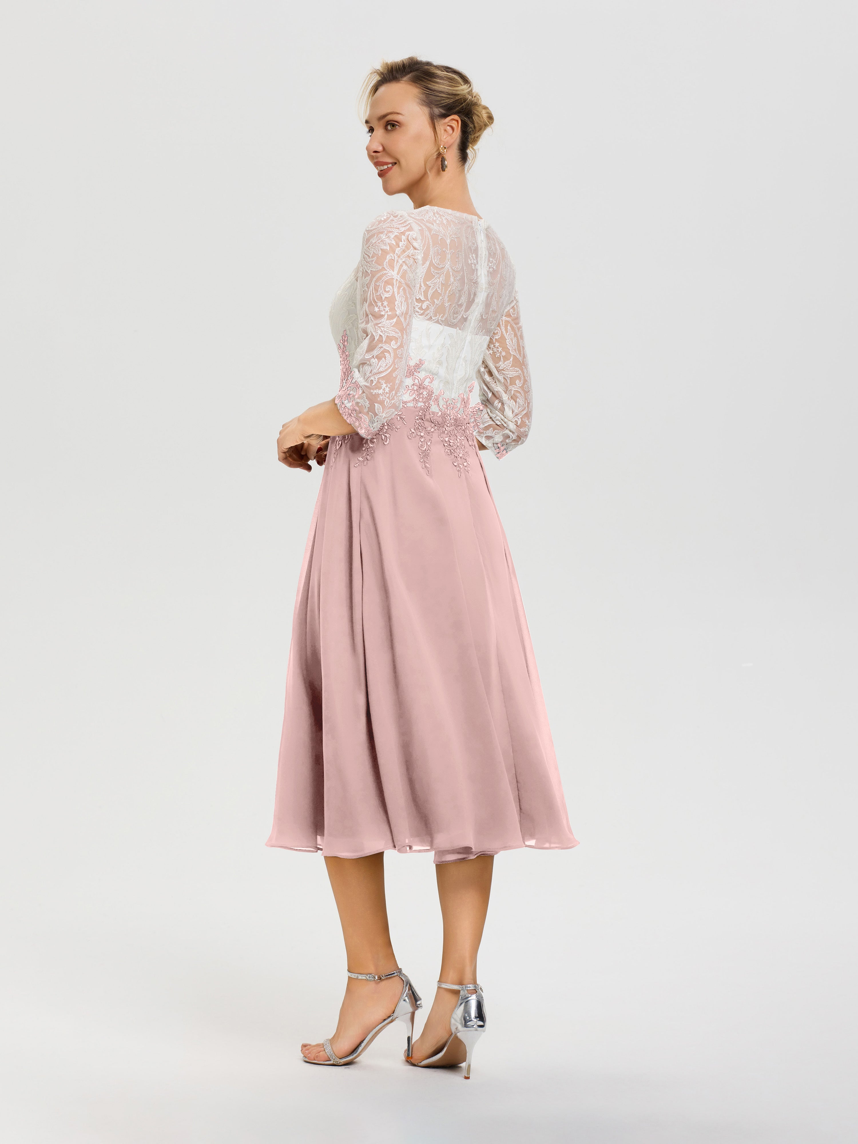 Robe Mere Dela Mariee Rose Poudré Col Rond Mousseline & Dentelle 3/4 Manches Robe Mère Mariée