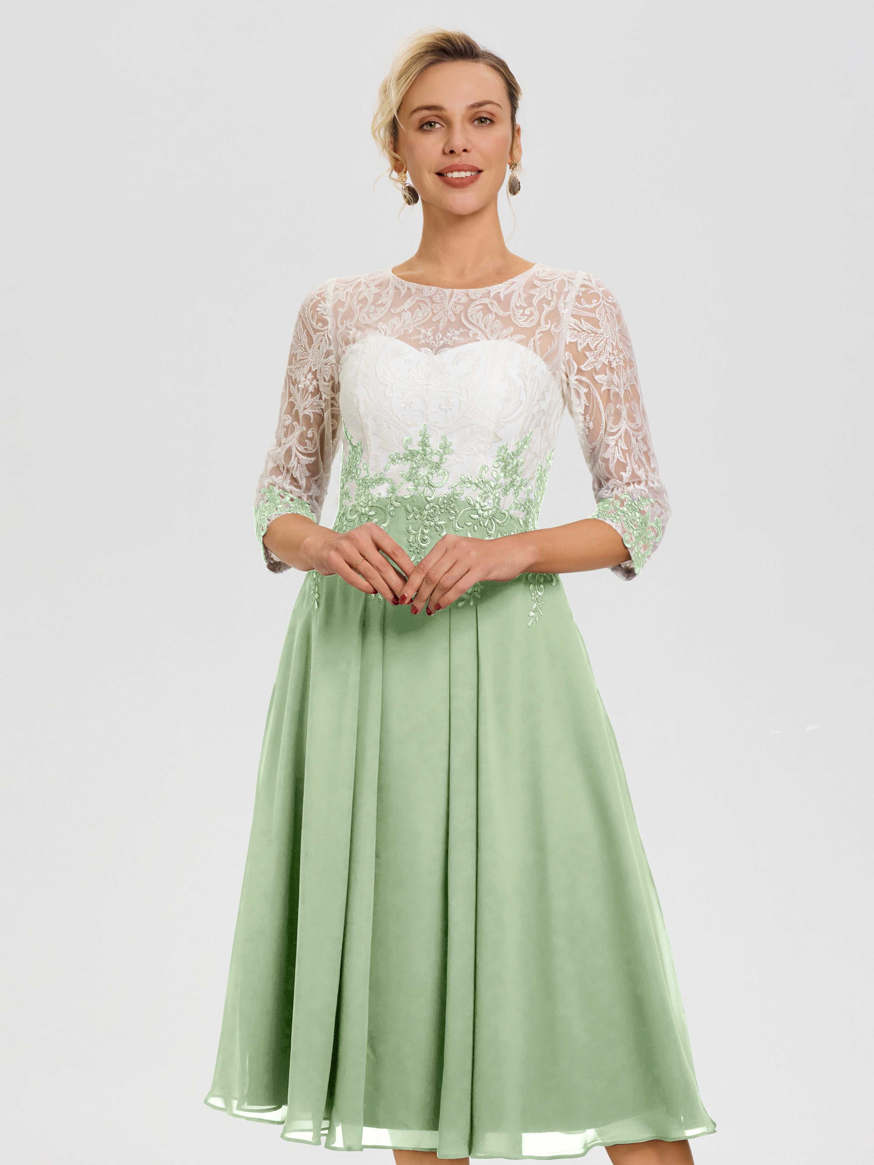 Robe Mère Mariée Moderne Sauge Poudrée Col Rond Mousseline & Dentelle 3/4 Manches Robe Mère Mariée