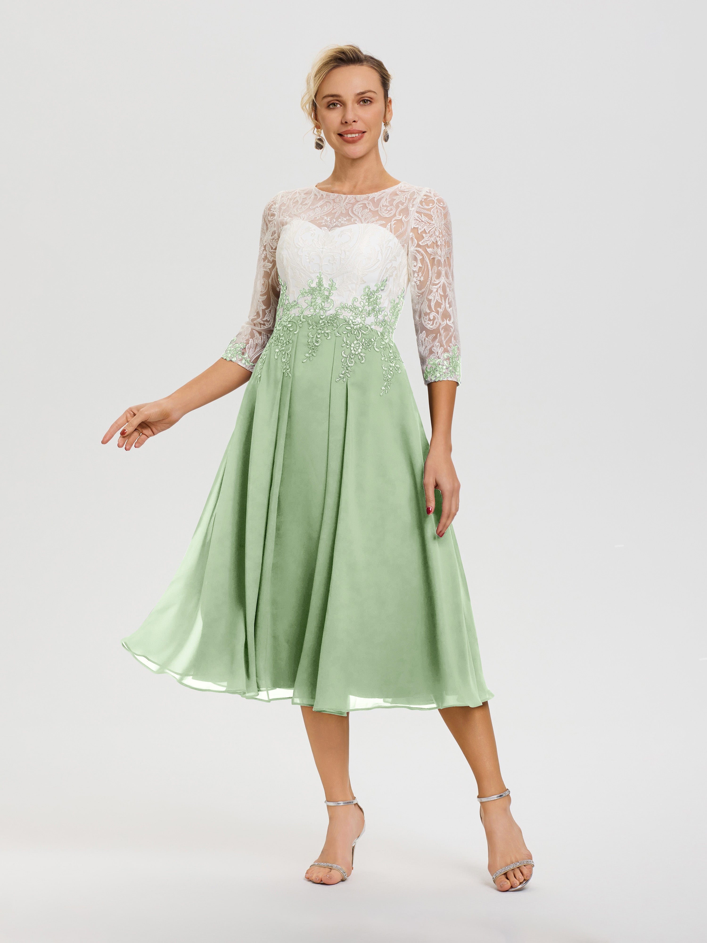Robe Mère Mariée Moderne Sauge Poudrée Col Rond Mousseline & Dentelle 3/4 Manches Robe Mère Mariée