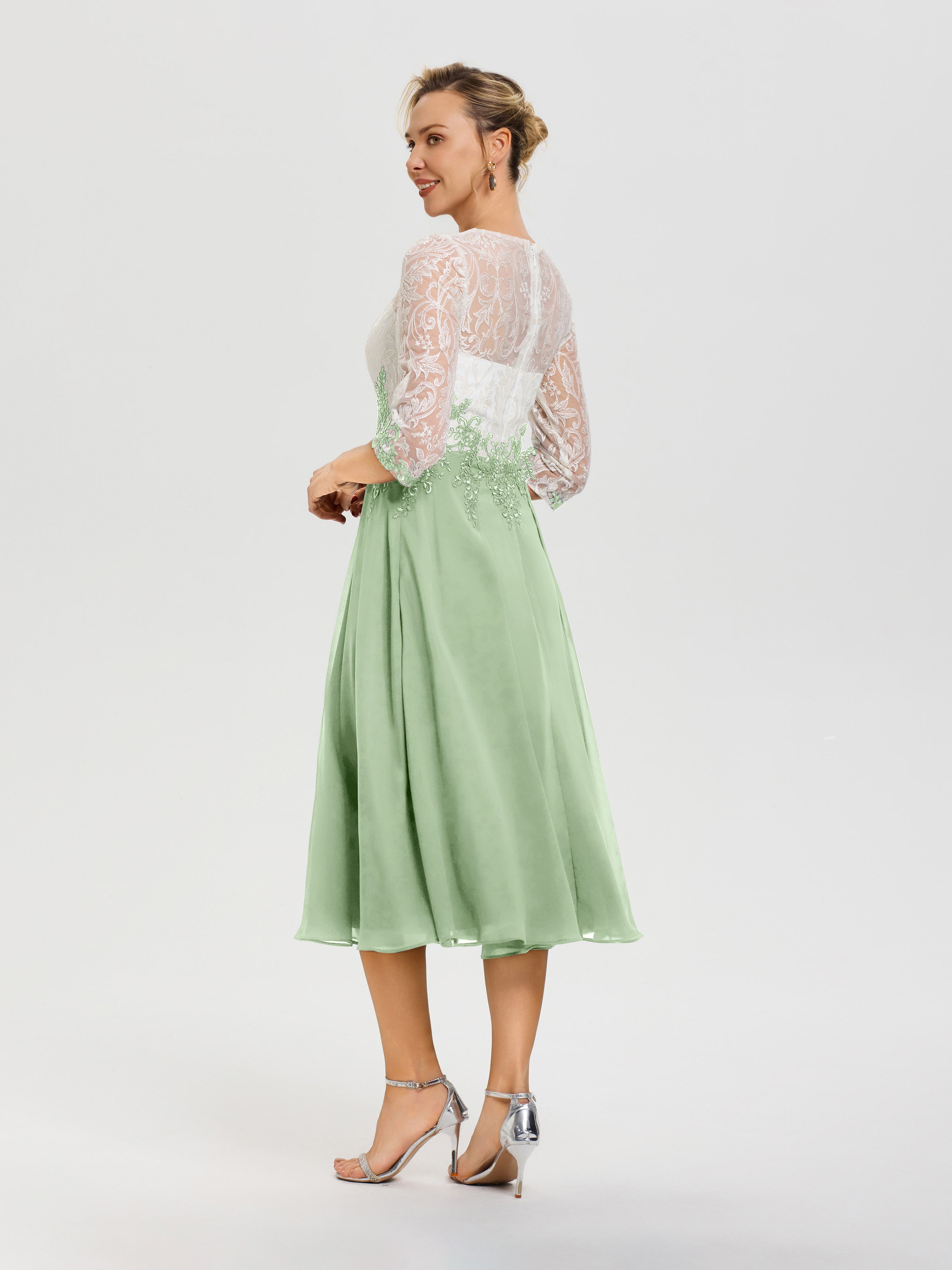 Robe Mère Mariée Moderne Sauge Poudrée Col Rond Mousseline & Dentelle 3/4 Manches Robe Mère Mariée
