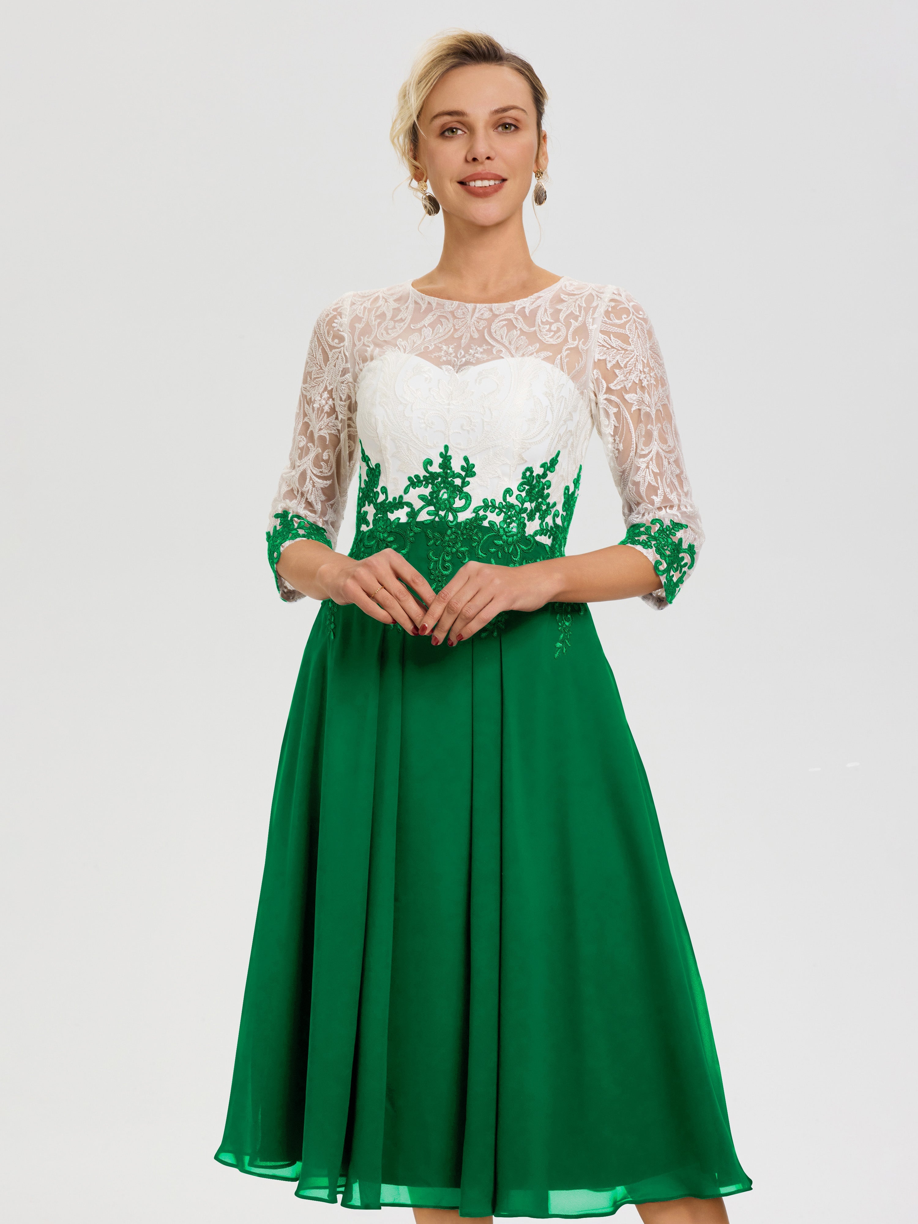 Robe De Mère De Mariée Moderne Emeraude Col Rond Mousseline & Dentelle 3/4 Manches Robe Mère Mariée