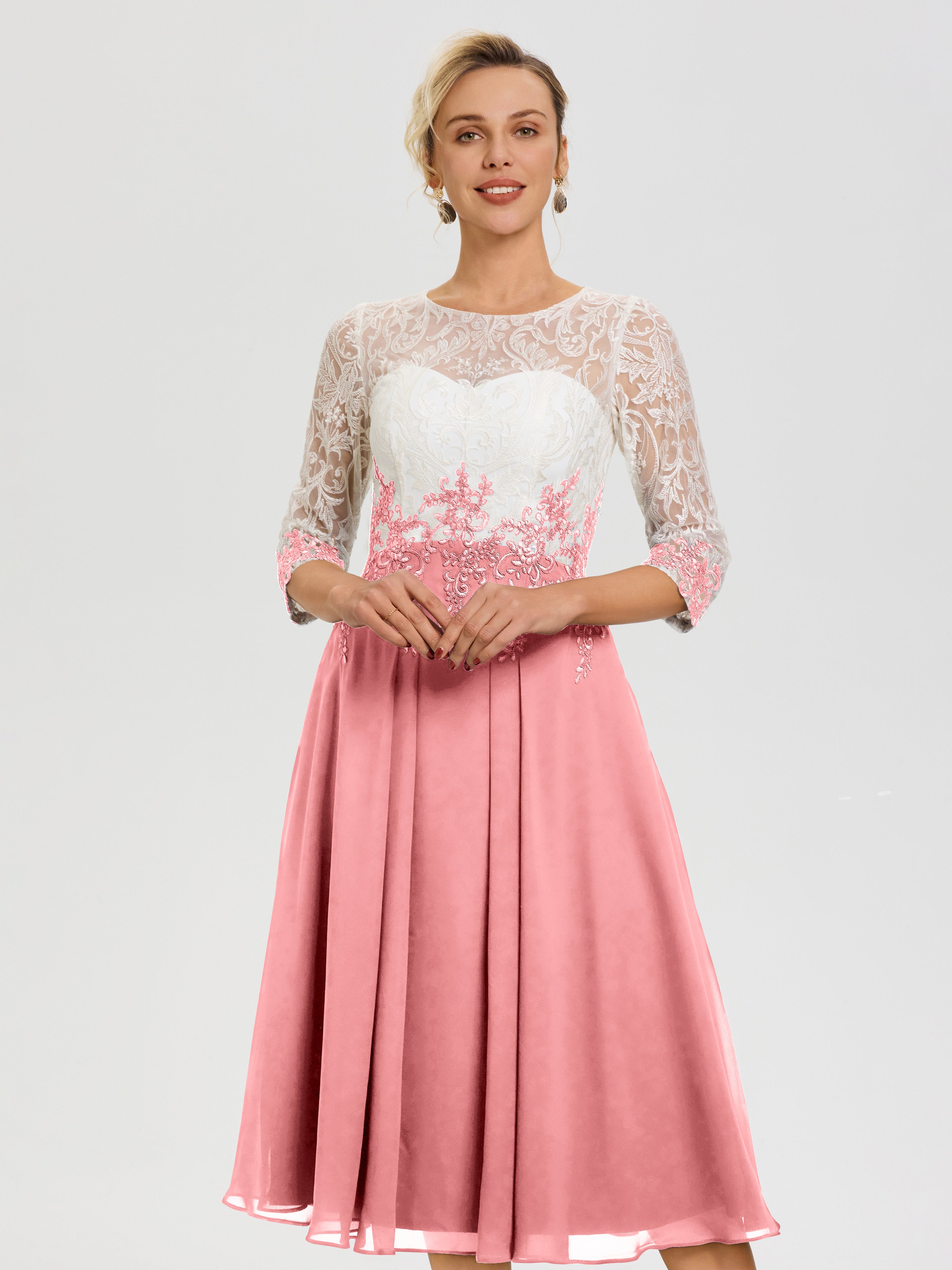 Robe De Mère De Mariée Moderne Flamant Col Rond Mousseline & Dentelle 3/4 Manches Robe Mère Mariée
