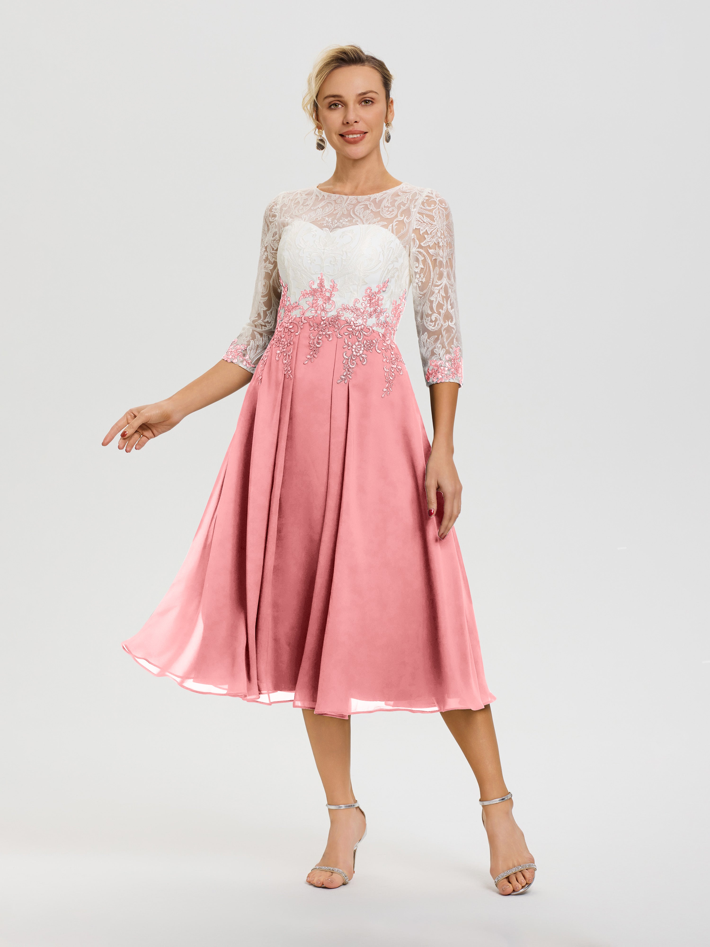 Robe De Mère De Mariée Moderne Flamant Col Rond Mousseline & Dentelle 3/4 Manches Robe Mère Mariée