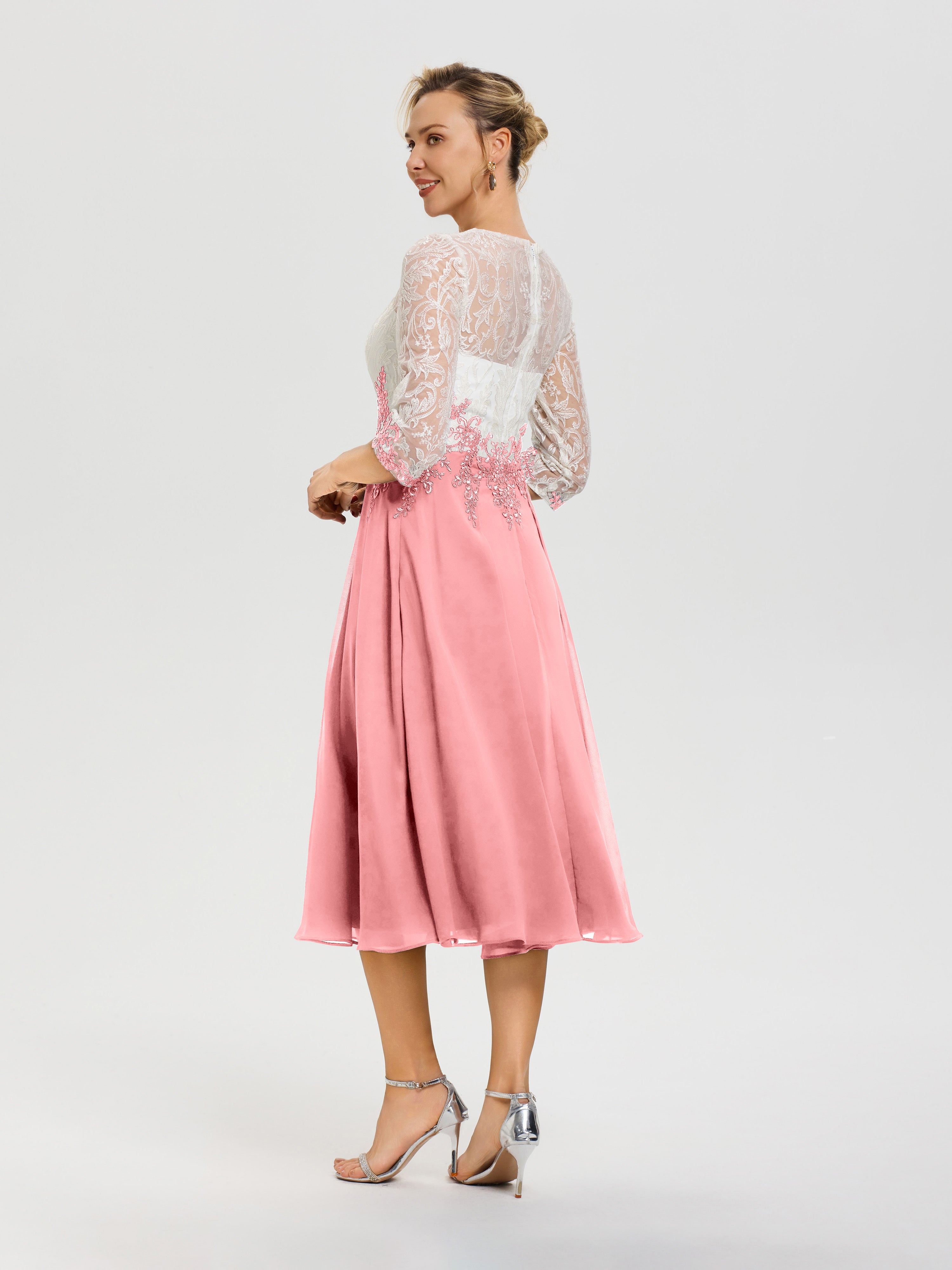 Robe De Mère De Mariée Moderne Flamant Col Rond Mousseline & Dentelle 3/4 Manches Robe Mère Mariée