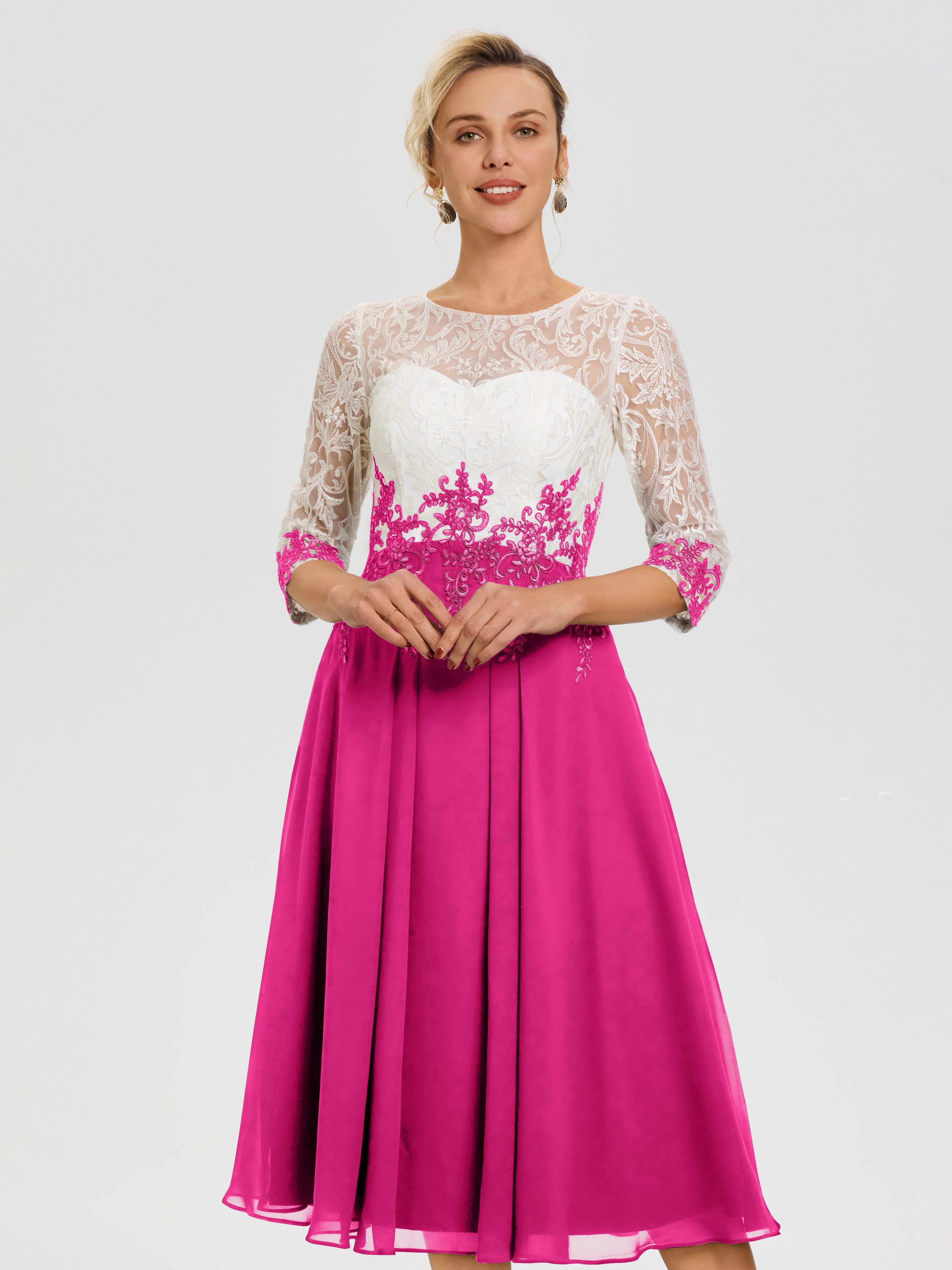 Robe Mère De Mariée Fuchsia Col Rond Mousseline & Dentelle 3/4 Manches Robe Mère Mariée