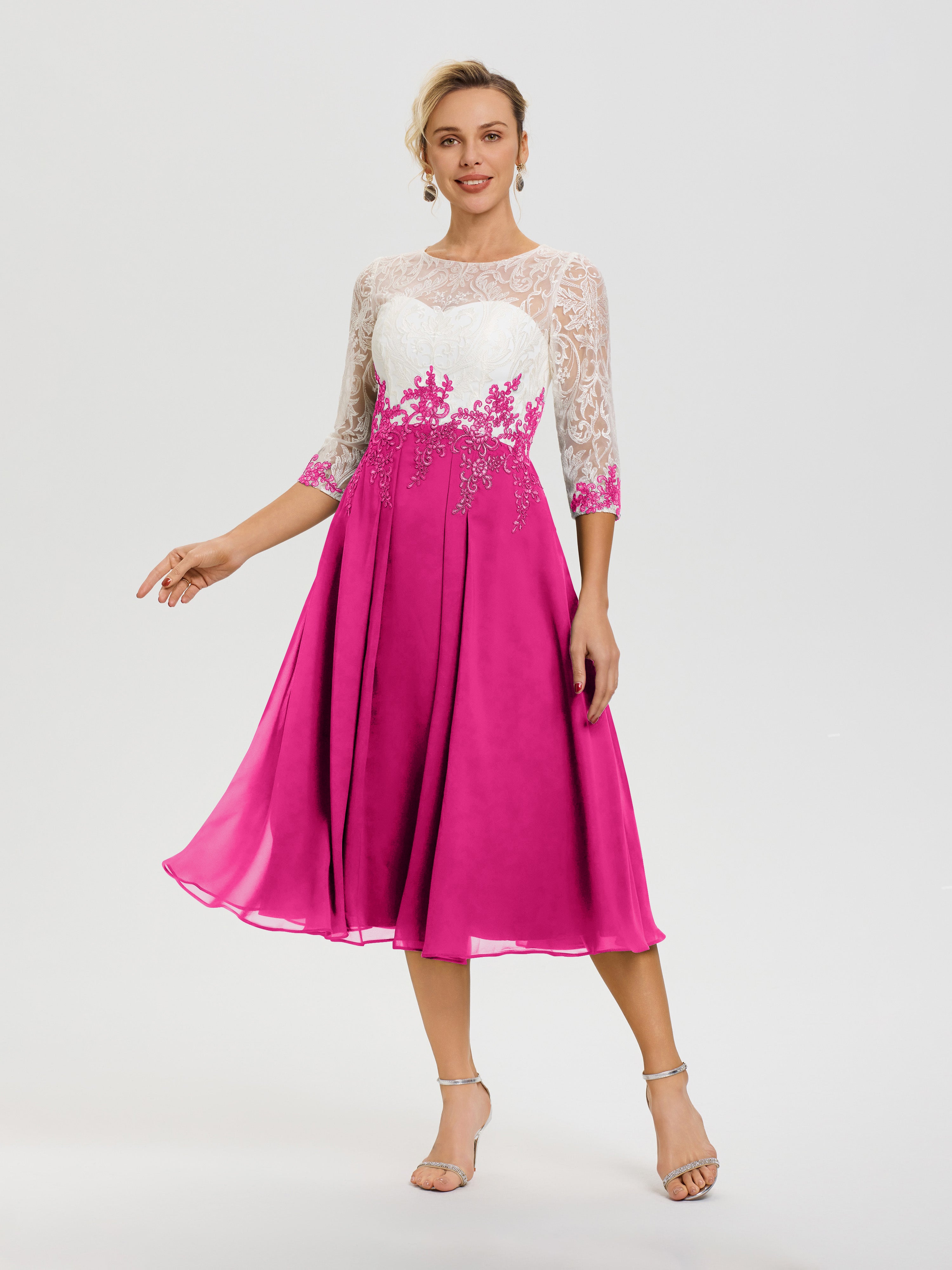 Robe Mère De Mariée Fuchsia Col Rond Mousseline & Dentelle 3/4 Manches Robe Mère Mariée