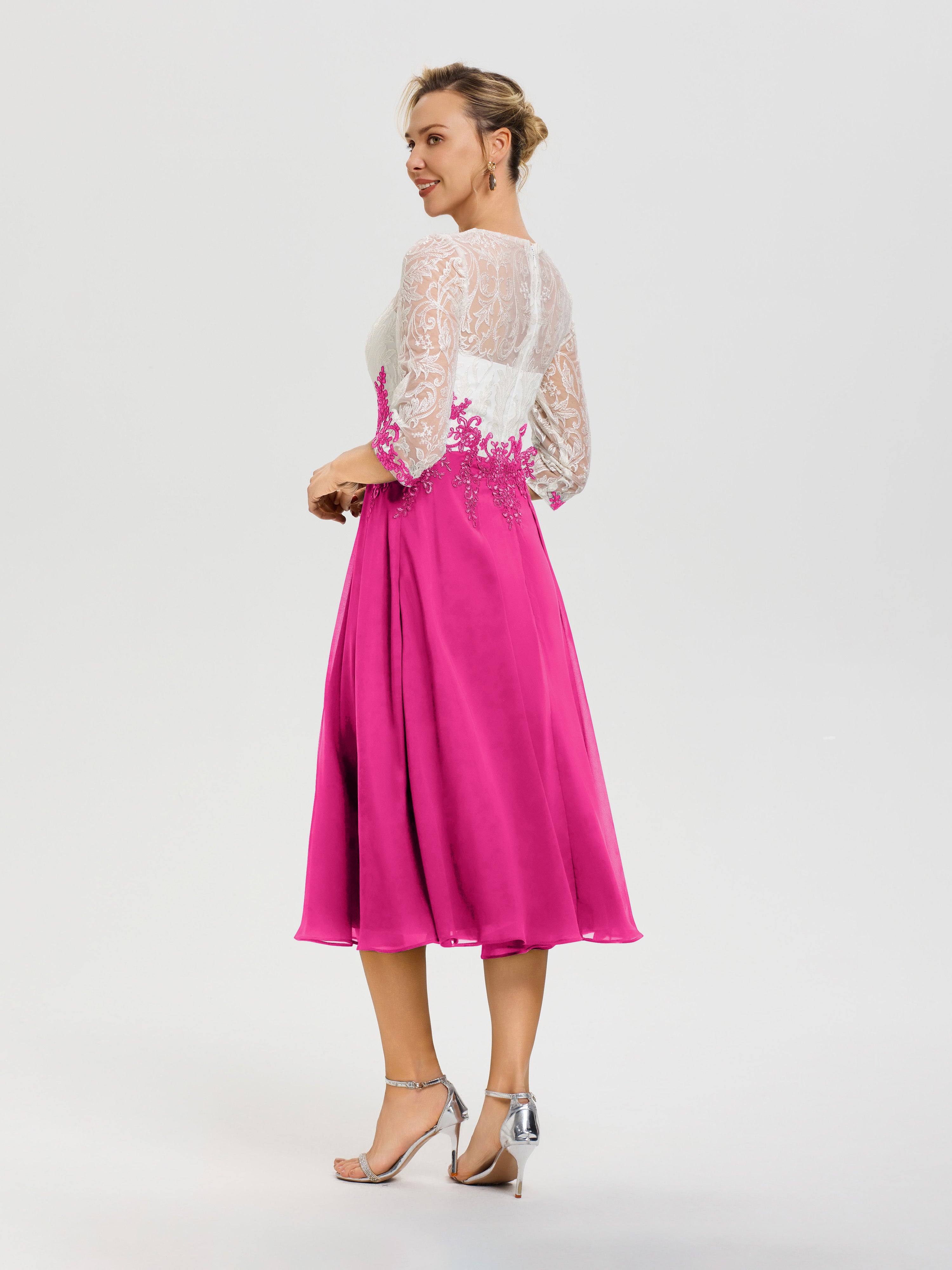 Robe Mère De Mariée Fuchsia Col Rond Mousseline & Dentelle 3/4 Manches Robe Mère Mariée