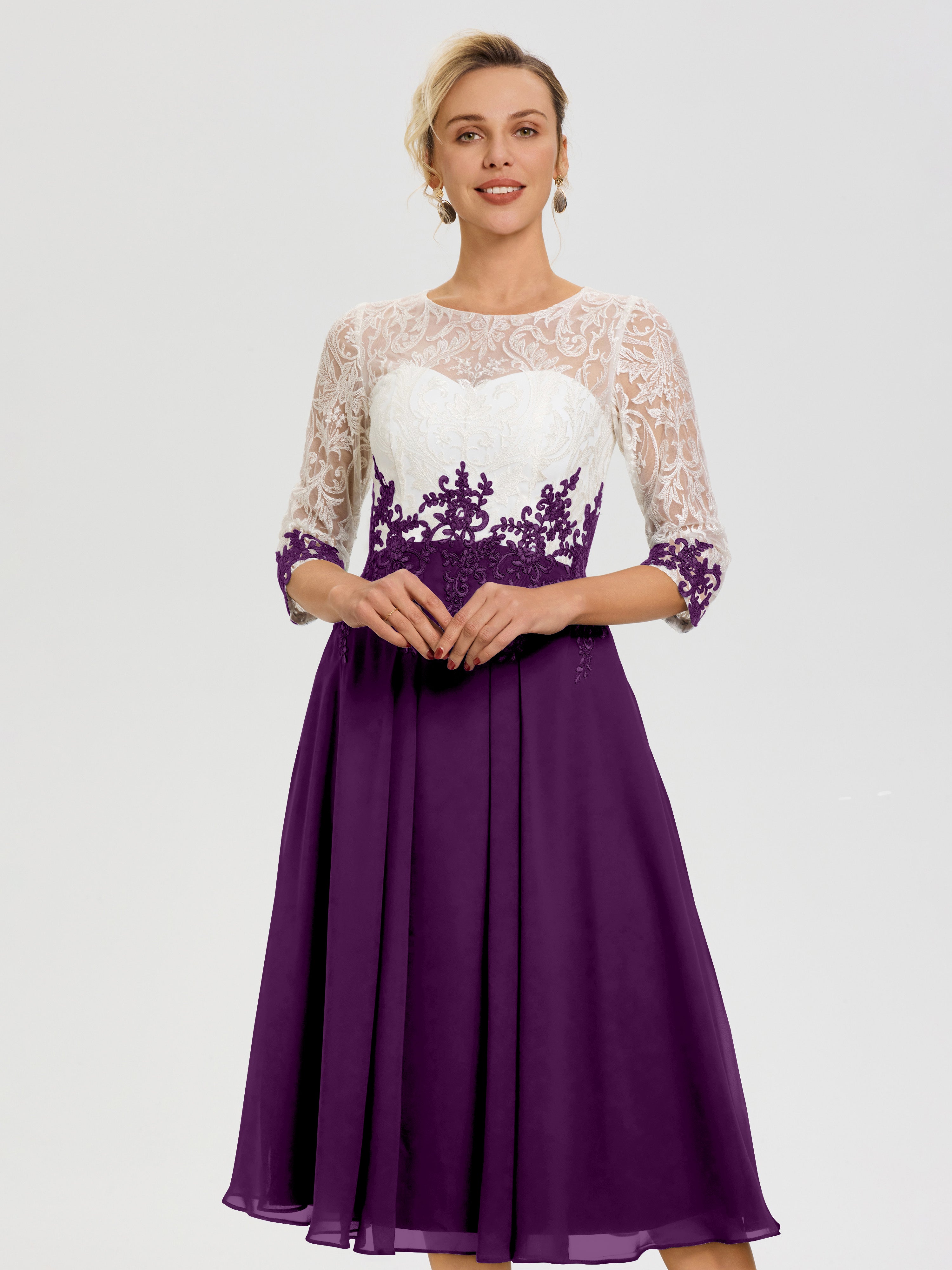 Robe De Cérémonie Mère De La Mariée Raisin Col Rond Mousseline & Dentelle 3/4 Manches Robe Mère Mariée