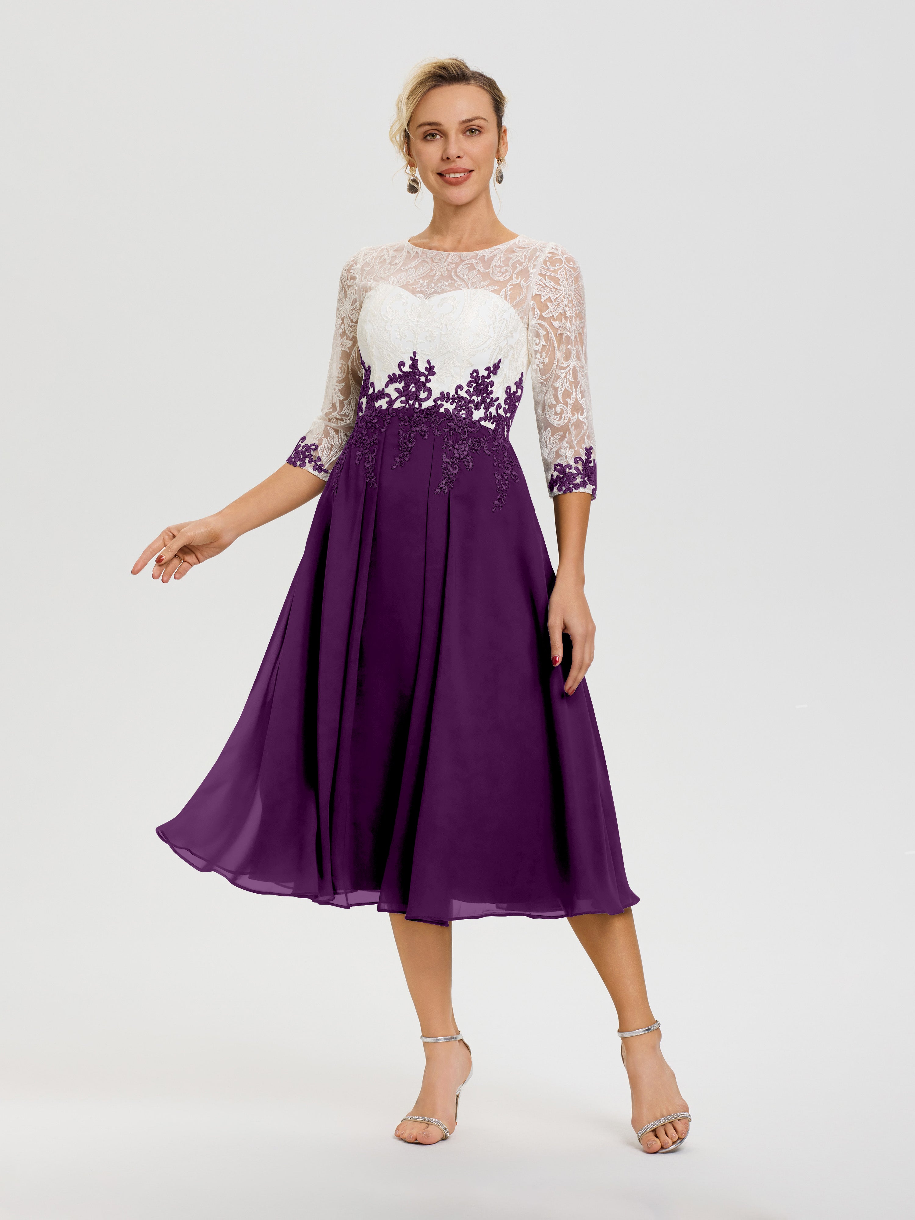 Robe De Cérémonie Mère De La Mariée Raisin Col Rond Mousseline & Dentelle 3/4 Manches Robe Mère Mariée